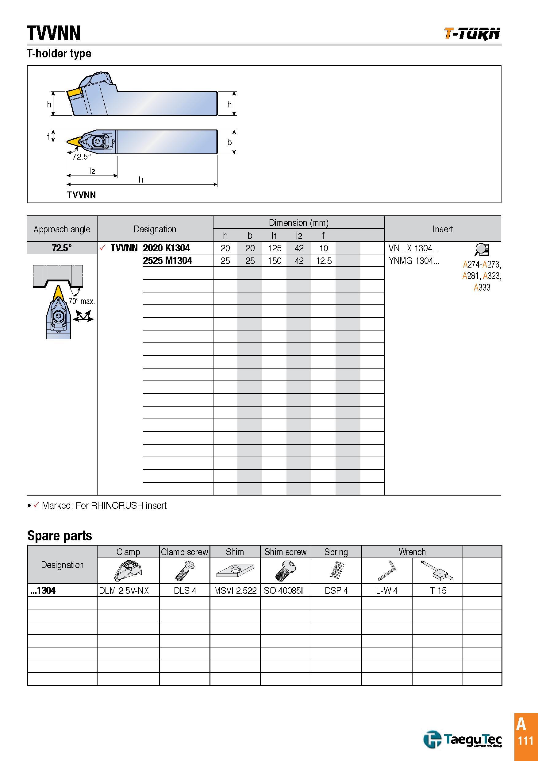 114 TVVNN -Tunri T-holder type Approach angle Designation Dimension (mm) Insert h b l1 l2 f 72 5° - TVVNN 2020 K1304 20 20 125 42 10 VN X 1304 £ YNMG 1304 Каталог TAEGUTEC 2016 Металлорежущий инструмент для токарных станков Резцы Державки Сменные режущие пластины Сверла монолитные и сборные Стр. A111 ENG