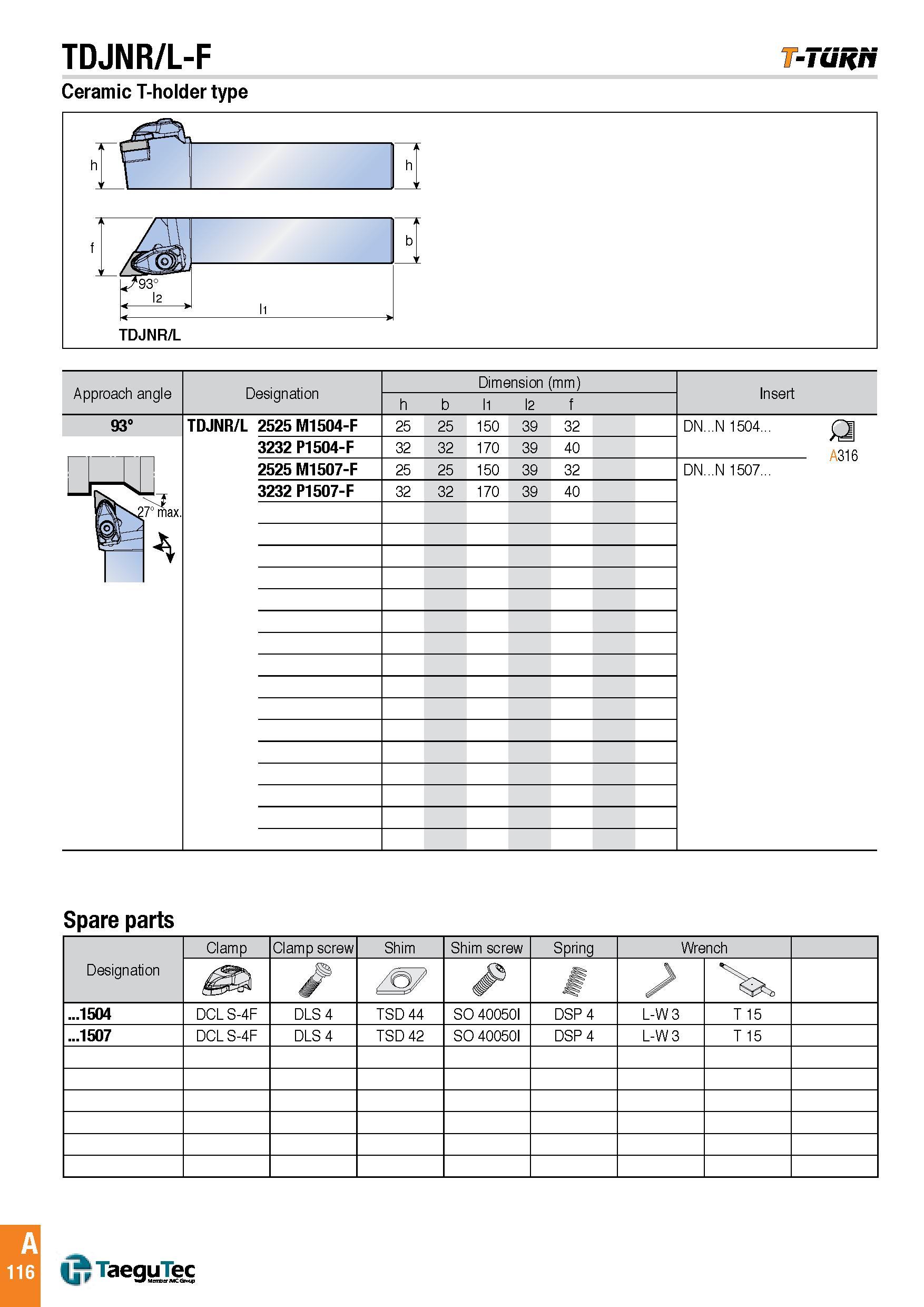 119 TDJNR/L-F -Tuh/t Ceramic T-holder type Approach angle Designation Dimension (mm) Insert h b l1 l2 f 93° TDJNR/L 2525 M1504-F 25 25 150 39 32 DN N 1504 Каталог TAEGUTEC 2016 Металлорежущий инструмент для токарных станков Резцы Державки Сменные режущие пластины Сверла монолитные и сборные Стр. A116 ENG