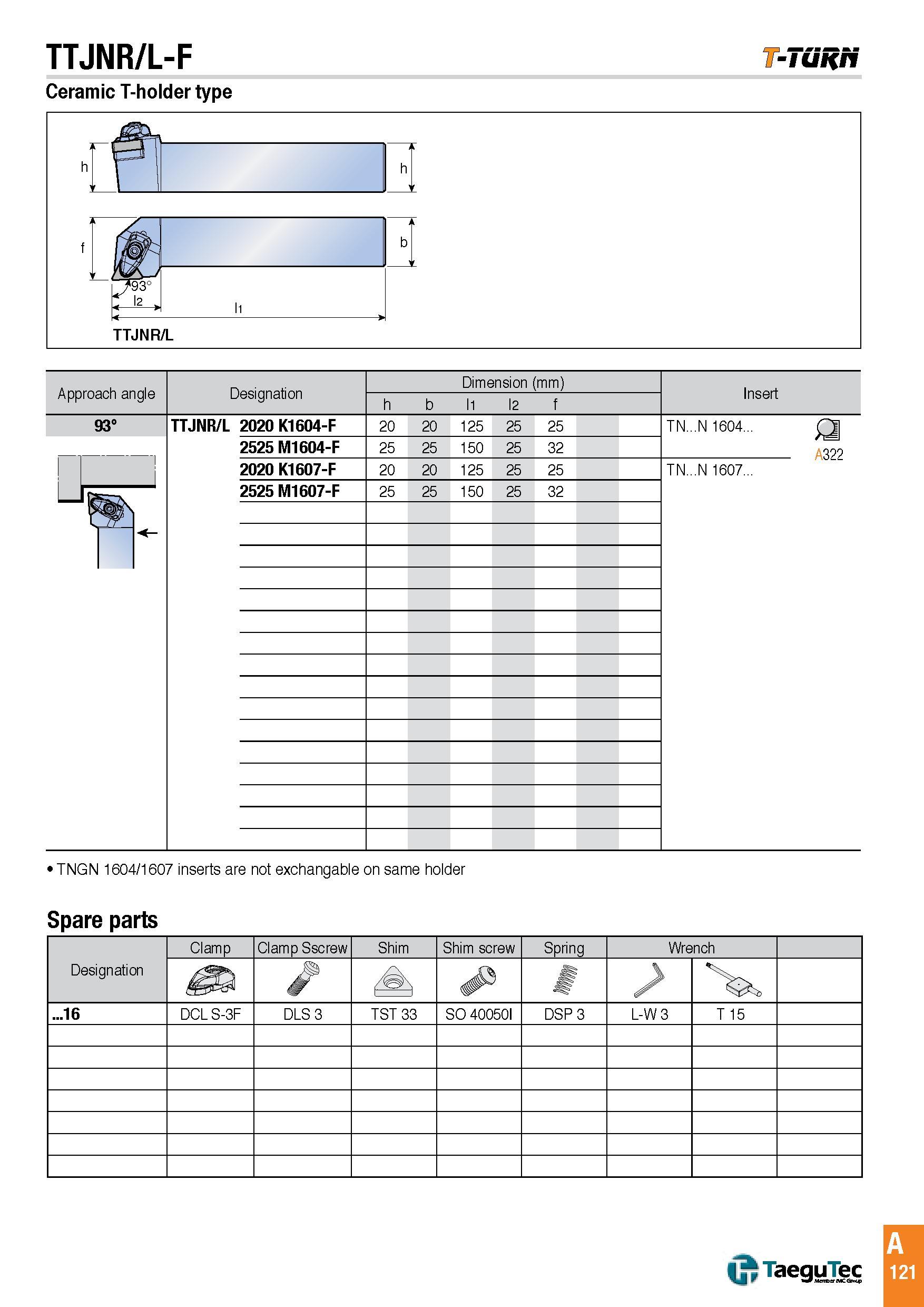 124 TTJNR/L-F -Tunri Ceramic T-holder type TNGN 1604/1607 inserts are not exchangable on same holder Spare parts Каталог TAEGUTEC 2016 Металлорежущий инструмент для токарных станков Резцы Державки Сменные режущие пластины Сверла монолитные и сборные Стр. A121 ENG