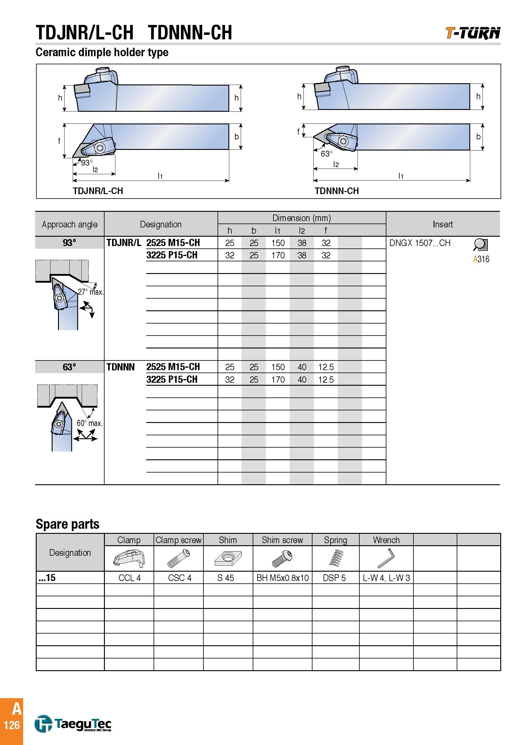 129 TDJNR/L-CH TDNNN-CH -Tuh/t Ceramic dimple holder type TDJNR/L-CH TDNNN-CH Approach angle Designation Dimension (mm) Insert h b l1 l2 f 93° TDJNR/L 252 Каталог TAEGUTEC 2016 Металлорежущий инструмент для токарных станков Резцы Державки Сменные режущие пластины Сверла монолитные и сборные Стр. A126 ENG
