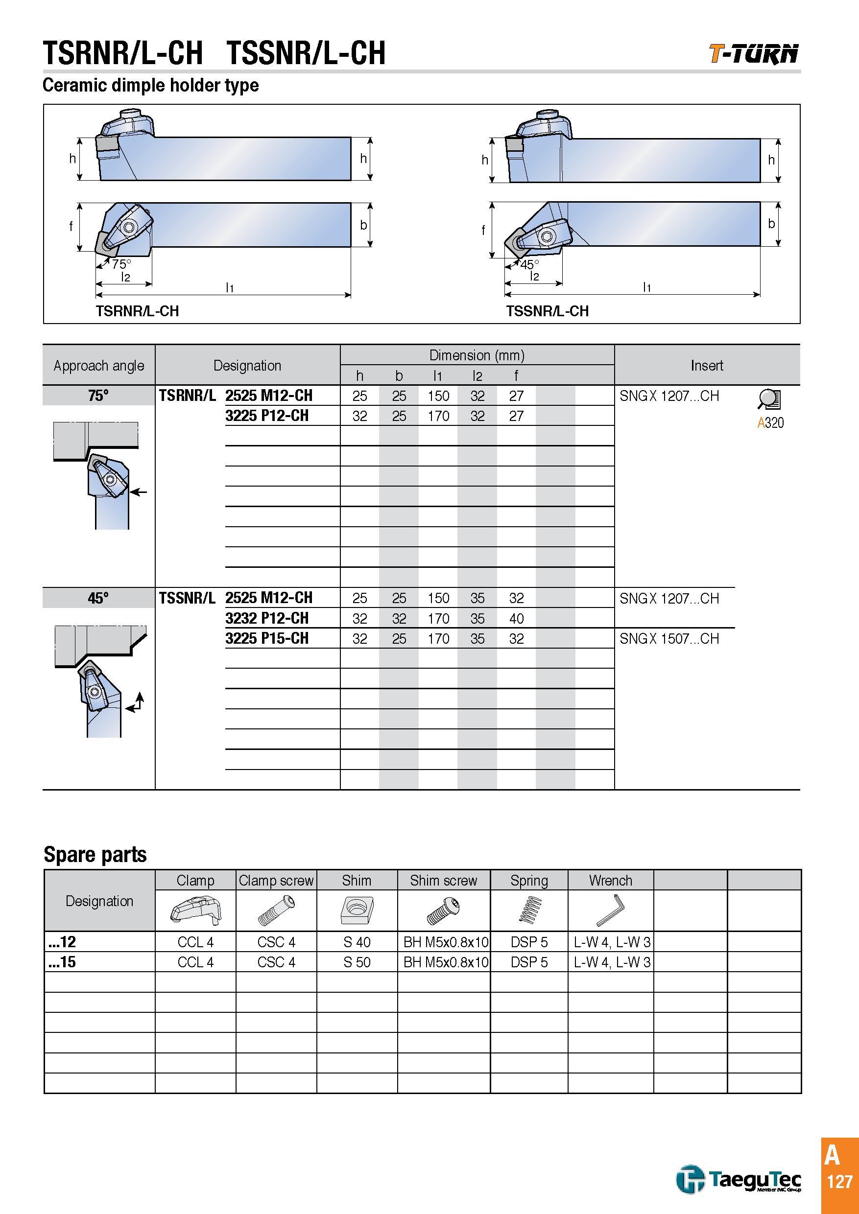 130 TSRNR/L-CH TSSNR/L-CH T-TURh Ceramic dimple holder type Approach angle Designation Dimension (mm) Insert h b l1 l2 f 75° TSRNR/L 2525 M12-CH 25 25 150 Каталог TAEGUTEC 2016 Металлорежущий инструмент для токарных станков Резцы Державки Сменные режущие пластины Сверла монолитные и сборные Стр. A127 ENG