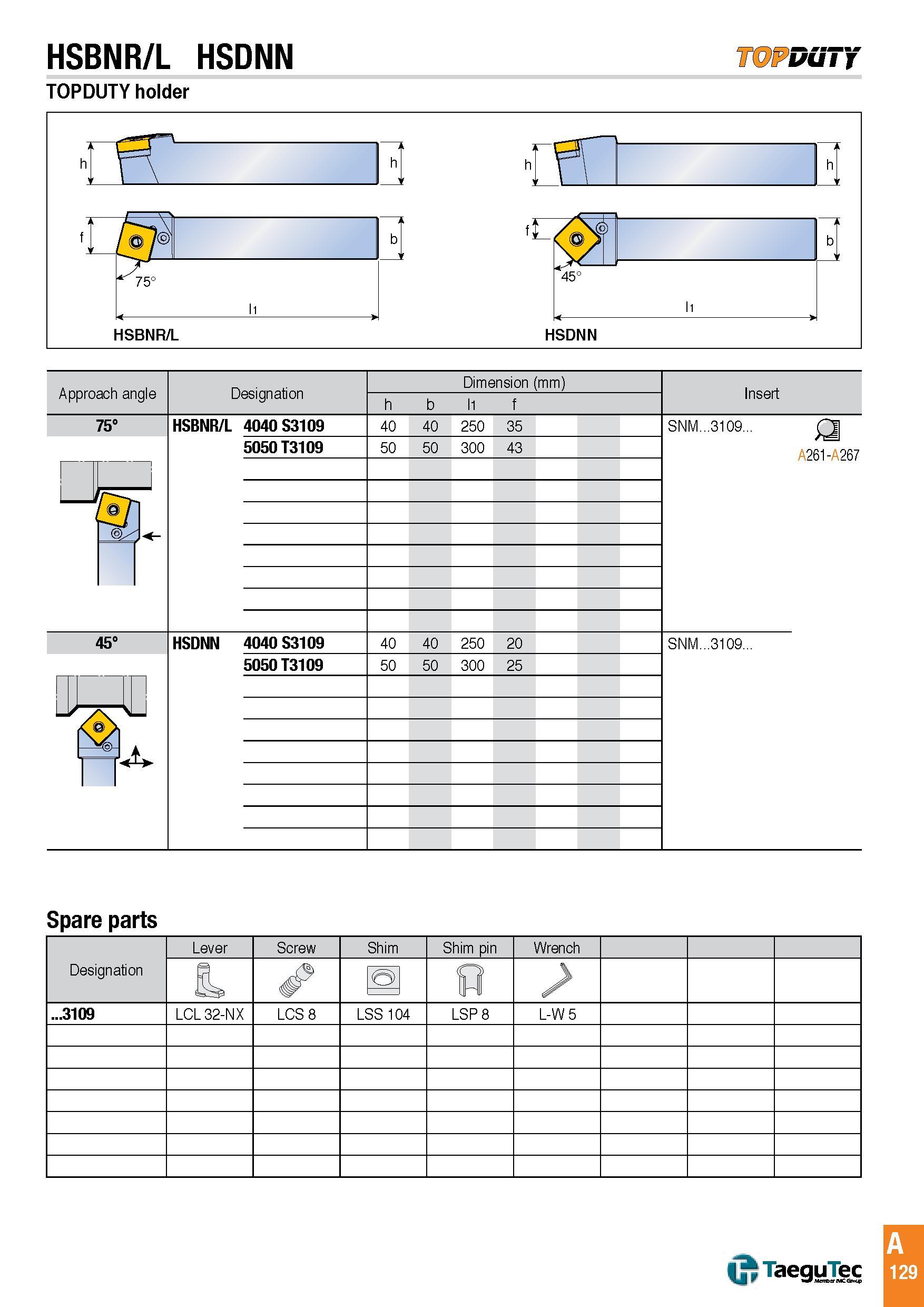 132 HSBNR/L HSDNN TOPDuT'f TOPDUTY holder Approach angle Designation Dimension (mm) Insert h b l1 f 75° HSBNR/L 4040 S3109 40 40 250 35 SNM 3109 A261-A267 Каталог TAEGUTEC 2016 Металлорежущий инструмент для токарных станков Резцы Державки Сменные режущие пластины Сверла монолитные и сборные Стр. A129 ENG
