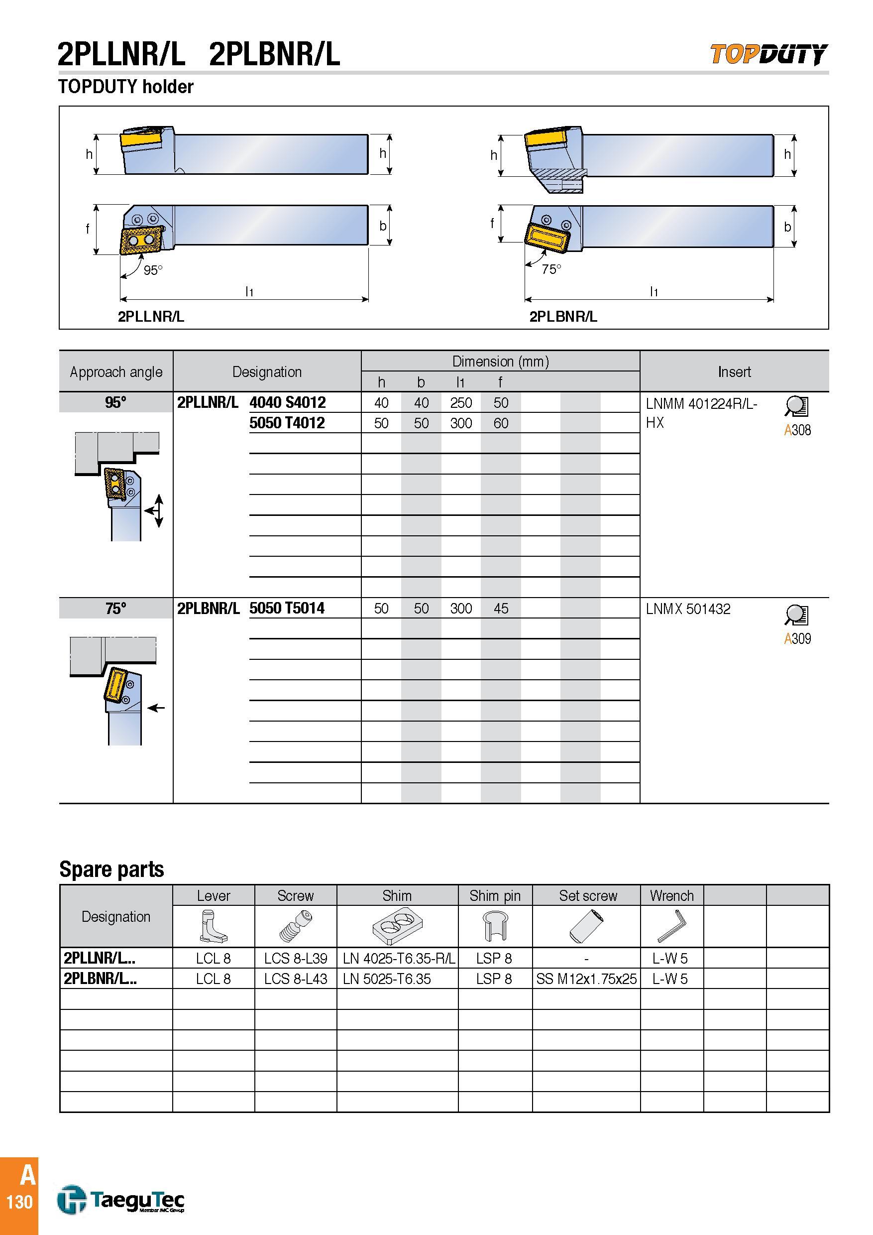 133 2PLLNR/L 2PLBNR/L TOPDUT'f TOPDUTY holder Approach angle Designation Dimension (mm) h l1 f Insert 95° 2PLLNR/L 4040 S4012 40 40 250 50 5050 T4012 50 5 Каталог TAEGUTEC 2016 Металлорежущий инструмент для токарных станков Резцы Державки Сменные режущие пластины Сверла монолитные и сборные Стр. A130 ENG