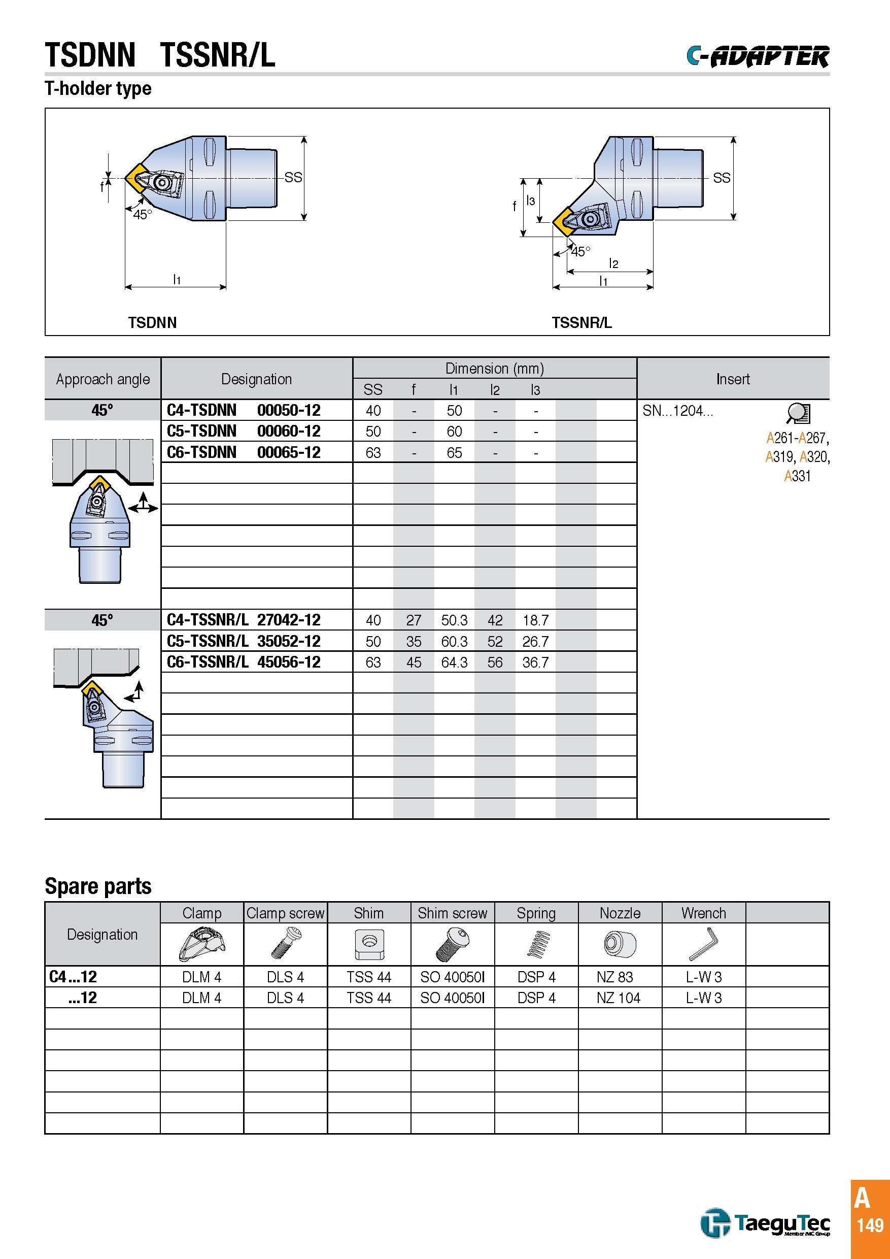 152 TSDNN TSSNR/L C-(iD(iriER T-holder type Spare parts Каталог TAEGUTEC 2016 Металлорежущий инструмент для токарных станков Резцы Державки Сменные режущие пластины Сверла монолитные и сборные Стр. A149 ENG