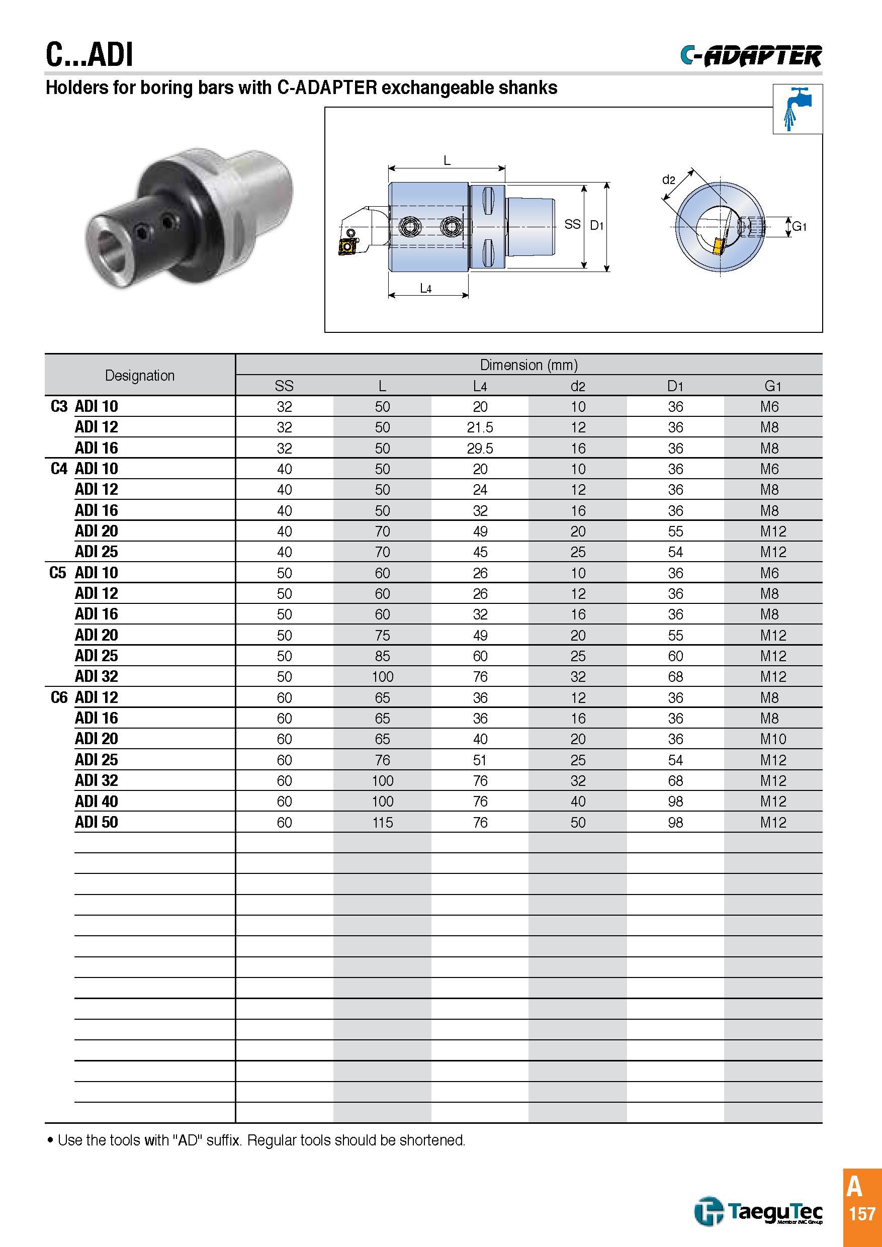 160 C ADI (S-fiDjir i ER Holders for boring bars with C-ADAPTER exchangeable shanks d2 Qgi Designation Dimension (mm) SS L L4 d2 D1 G1 C3 ADI 10 32 50 20 Каталог TAEGUTEC 2016 Металлорежущий инструмент для токарных станков Резцы Державки Сменные режущие пластины Сверла монолитные и сборные Стр. A157 ENG