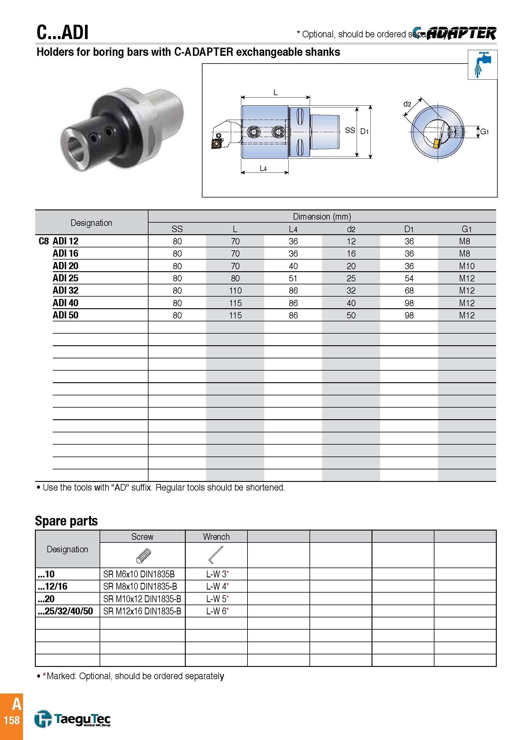161 C ADI ' Optional, should be ordered sepn Bi ff ' I tff Holders for boring bars with C-ADAPTER exchangeable shanks f6 Designation Dimension (mm) SS L L Каталог TAEGUTEC 2016 Металлорежущий инструмент для токарных станков Резцы Державки Сменные режущие пластины Сверла монолитные и сборные Стр. A158 ENG