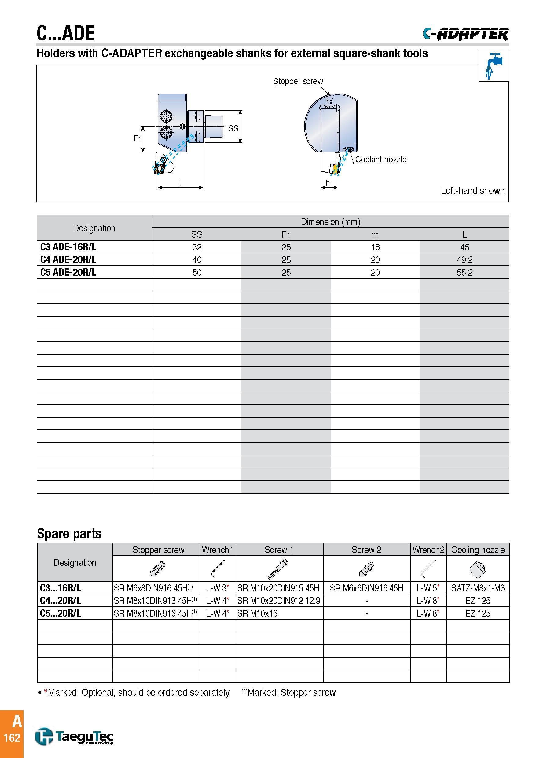 165 C ADE -jiDfiFTER Holders with C-ADAPTER exchangeable shanks for external square-shank tools Stopper screw Left-hand shown Designation Dimension (mm) S Каталог TAEGUTEC 2016 Металлорежущий инструмент для токарных станков Резцы Державки Сменные режущие пластины Сверла монолитные и сборные Стр. A162 ENG