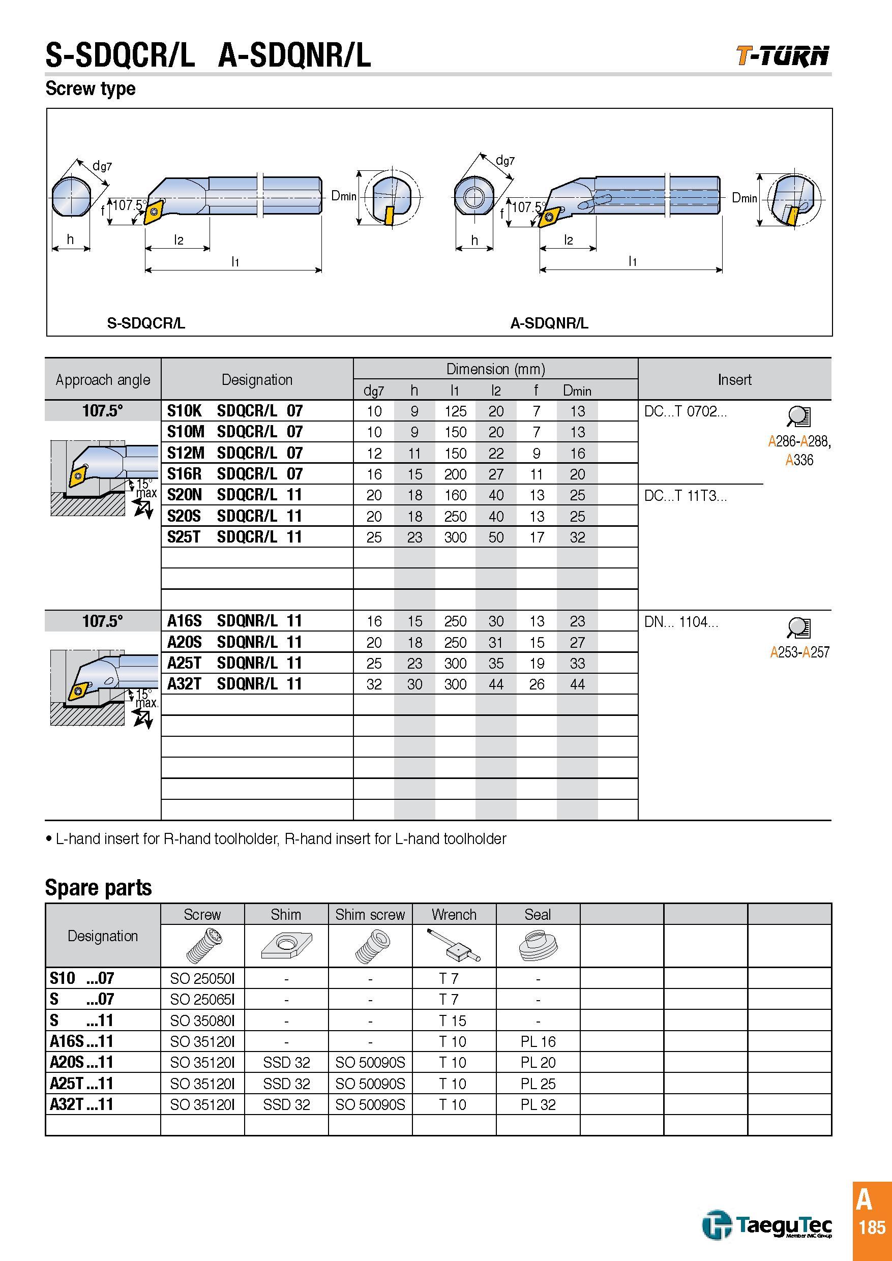 188 S-SDQCR/L A-SDQNR/L Screw type -Tunri L-hand insert for R-hand toolholder, R-hand insert for L-hand toolholder Spare parts Каталог TAEGUTEC 2016 Металлорежущий инструмент для токарных станков Резцы Державки Сменные режущие пластины Сверла монолитные и сборные Стр. A185 ENG