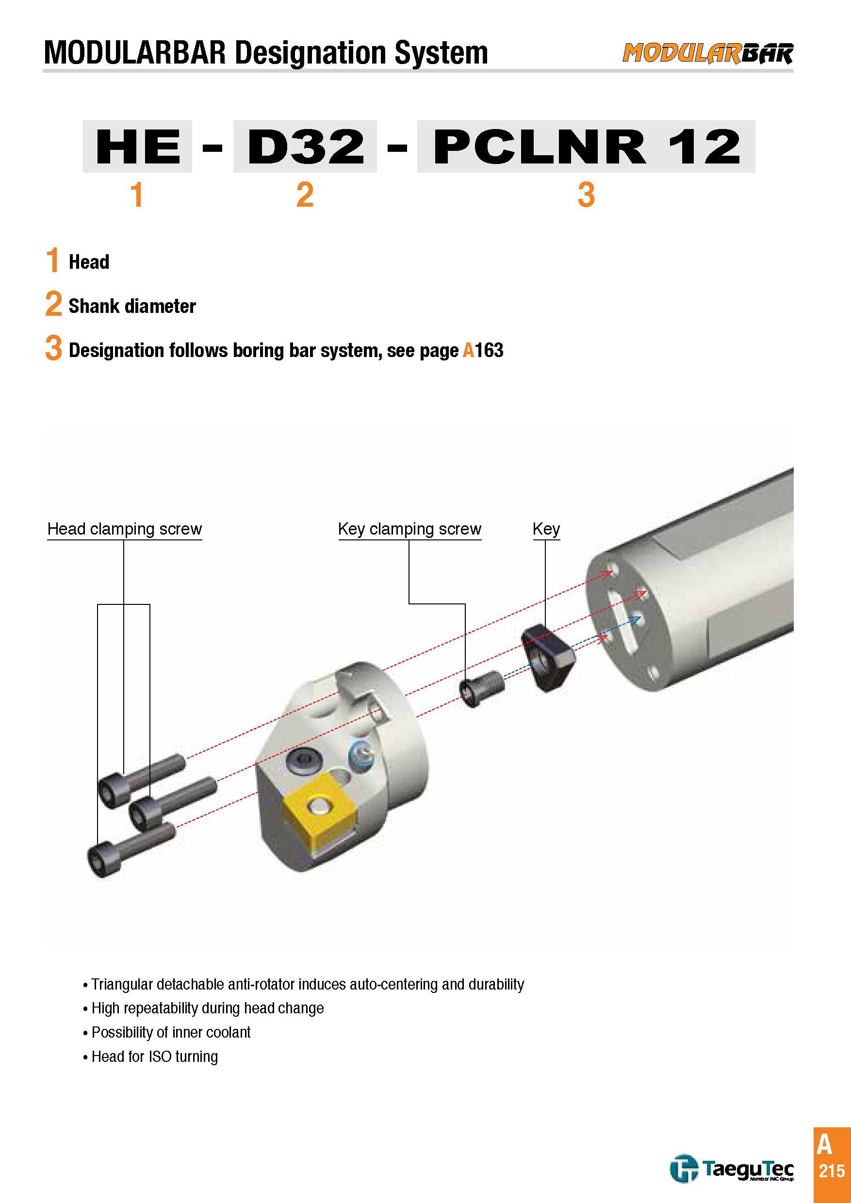 218 MODULARBAR Designation System MODQLflRSfiR HE - D32 - PCLNR 12 1 2 3 1 Head 2 Shank diameter 3 Designation follows boring bar system, see page A163 Tr Каталог TAEGUTEC 2016 Металлорежущий инструмент для токарных станков Резцы Державки Сменные режущие пластины Сверла монолитные и сборные Стр. A215 ENG