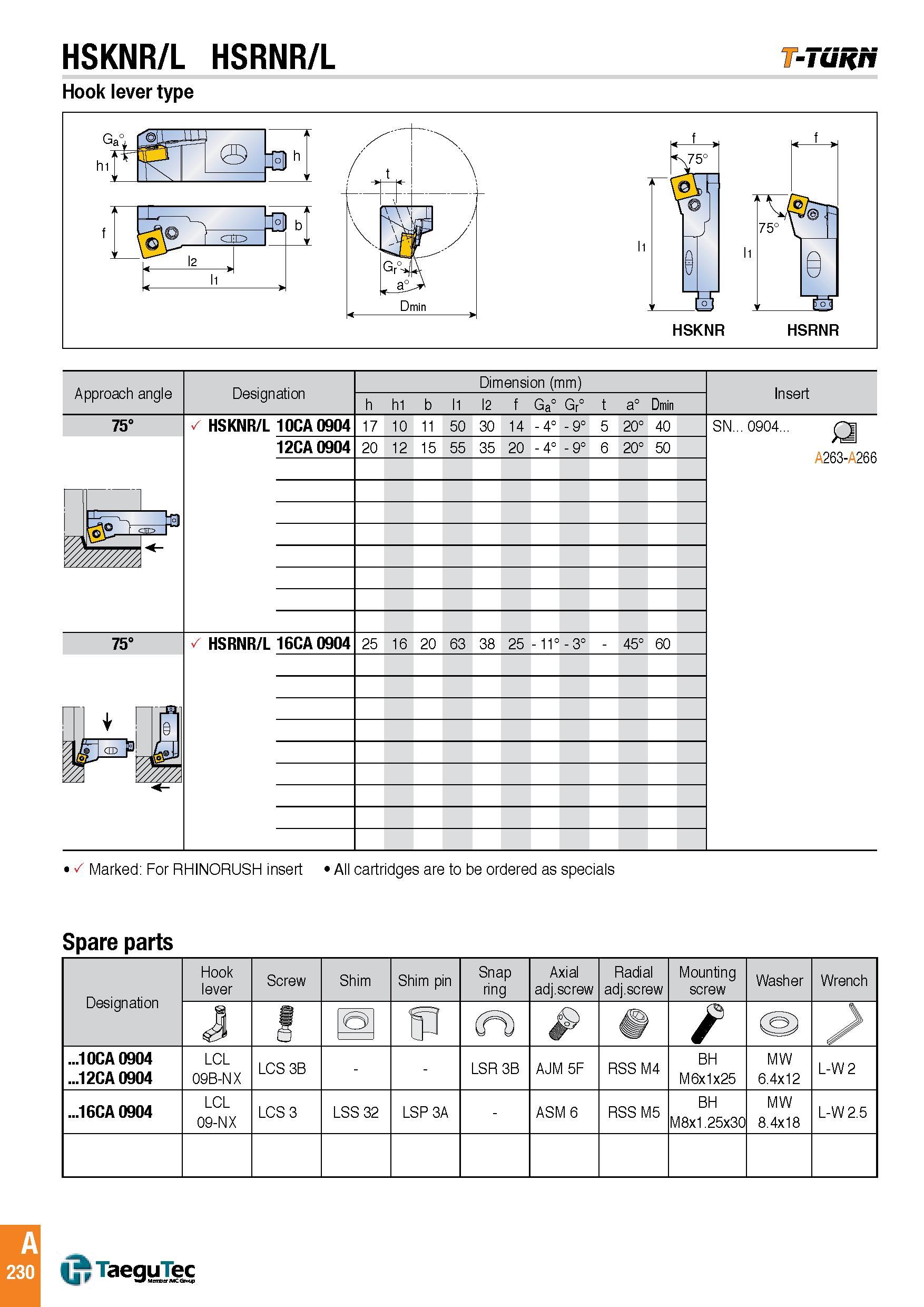 233 HSKNR/L HSRNR/L -Tuh/t Hook lever type Spare parts Designation Hook lever Screw Shim Shim pin Snap ring Axial adj screw Radial adj screw Mounting scre Каталог TAEGUTEC 2016 Металлорежущий инструмент для токарных станков Резцы Державки Сменные режущие пластины Сверла монолитные и сборные Стр. A230 ENG