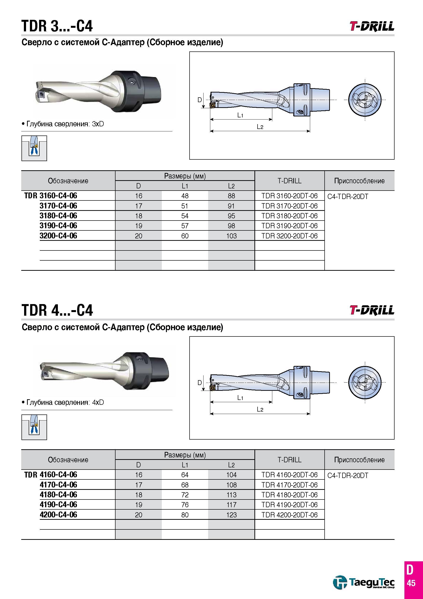 116 TDR 3 -C4 Сверло с системой С-Адаптер (Сборное изделие) T-DRILL Обозначение Размеры (мм) T-DRILL Приспособление D L1 L2 TDR 3160-C4-06 16 48 88 T Каталог TAEGUTEC 2016 Сборный и монолитный вращающийся инструмент для металлообработки на металлорежущих станках и обрабатывающих центрах с числовым программным управлением Стр. D45