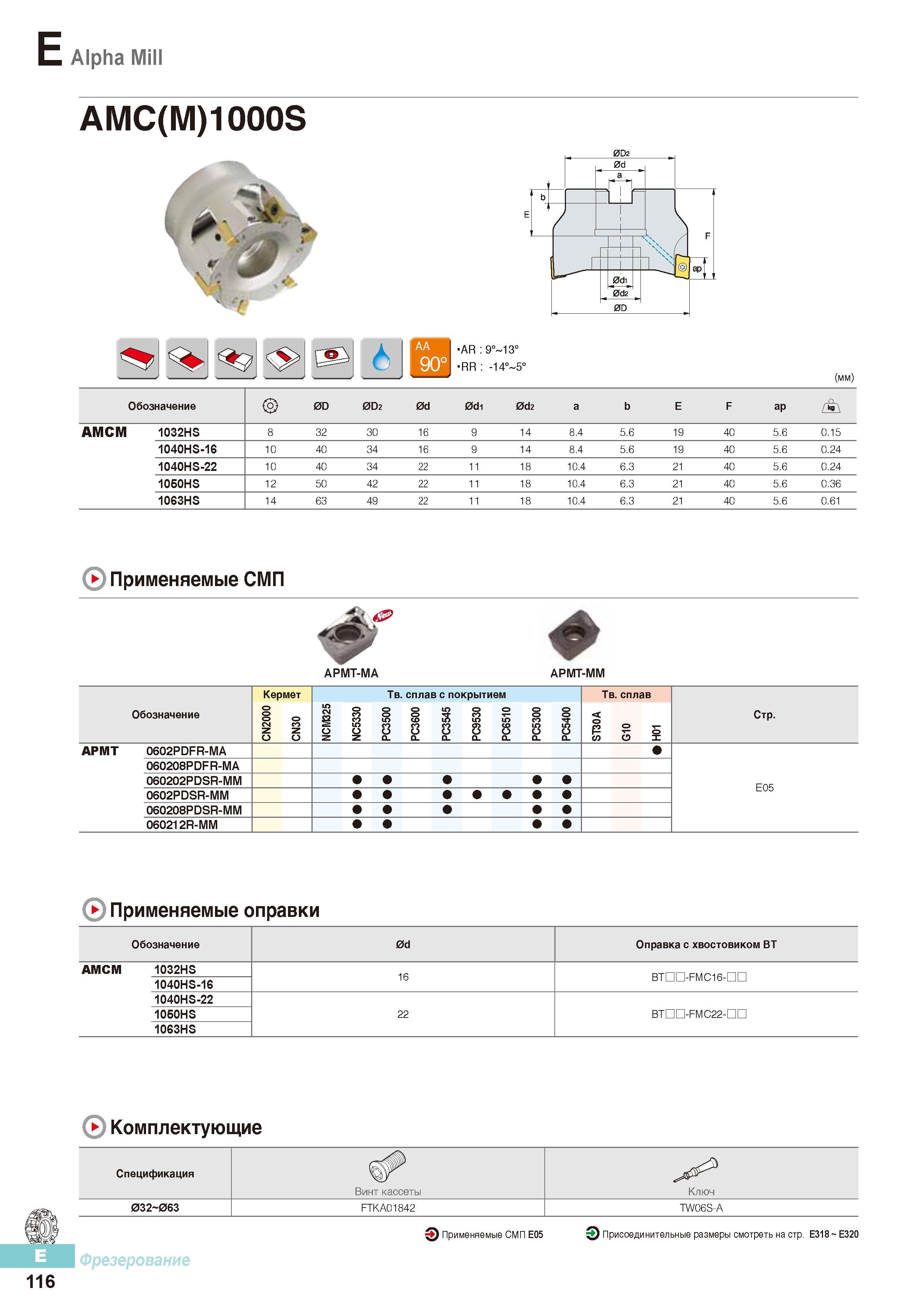 503 Фрезы Korloy Alpha Mill AMC(M)1000S Применяемые СМП Каталог KORLOY 2016 Металлорежущий инструмент и инструментальная оснастка для токарных фрезерных резьбонарезных сверлильных расточных технологических операций на станках Стр. E116