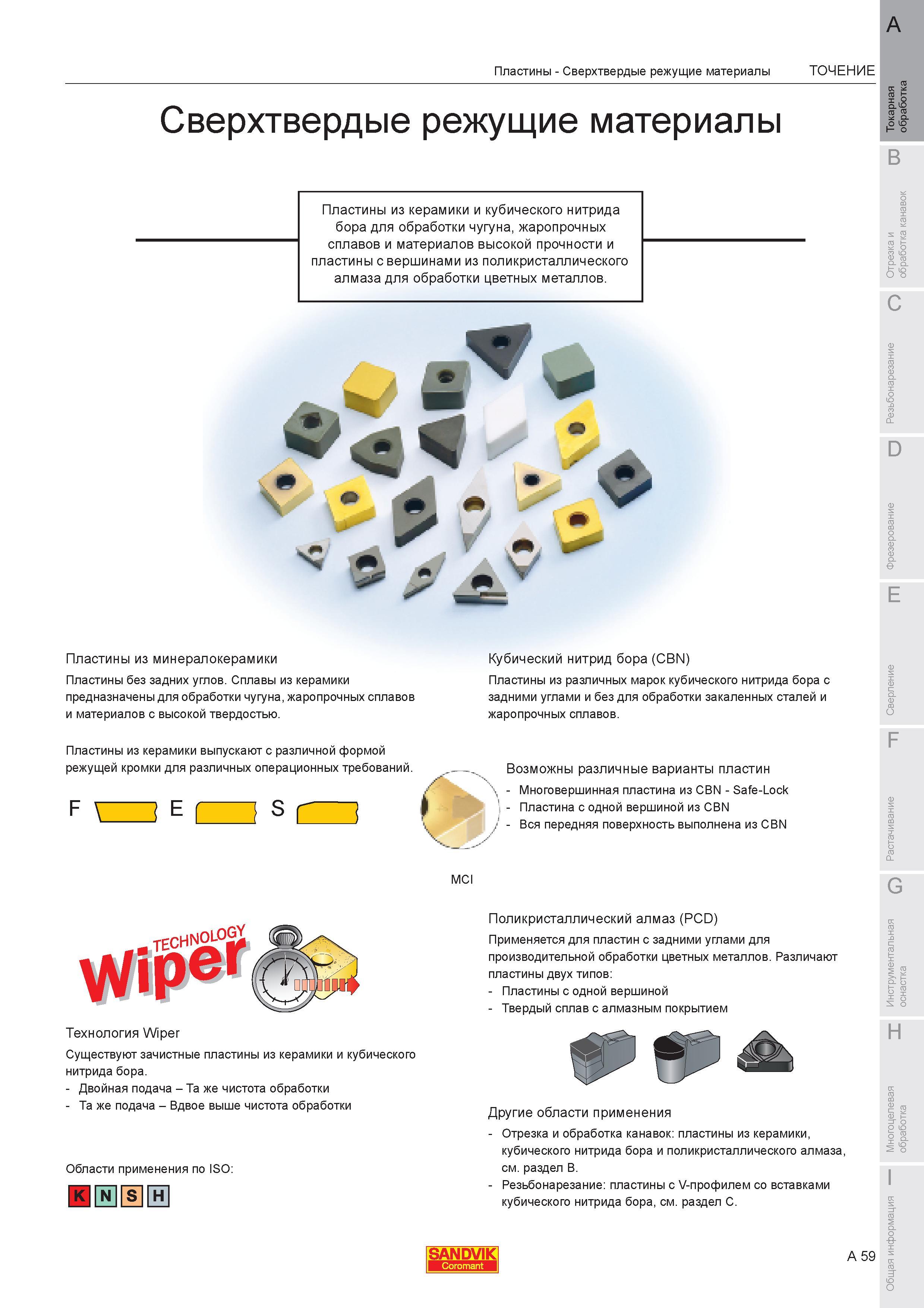 65 Сменные режущие пластины Sandvik Coromant для токарной обработки из сверхтвердых режущих материалов Металлорежущий инструмент из керамики и кубическо Каталог SANDVIK COROMANT 2007 Металлорежущий инструмент для точения фрезерования сверления растачивания Инструментальная оснастка Стр. A59