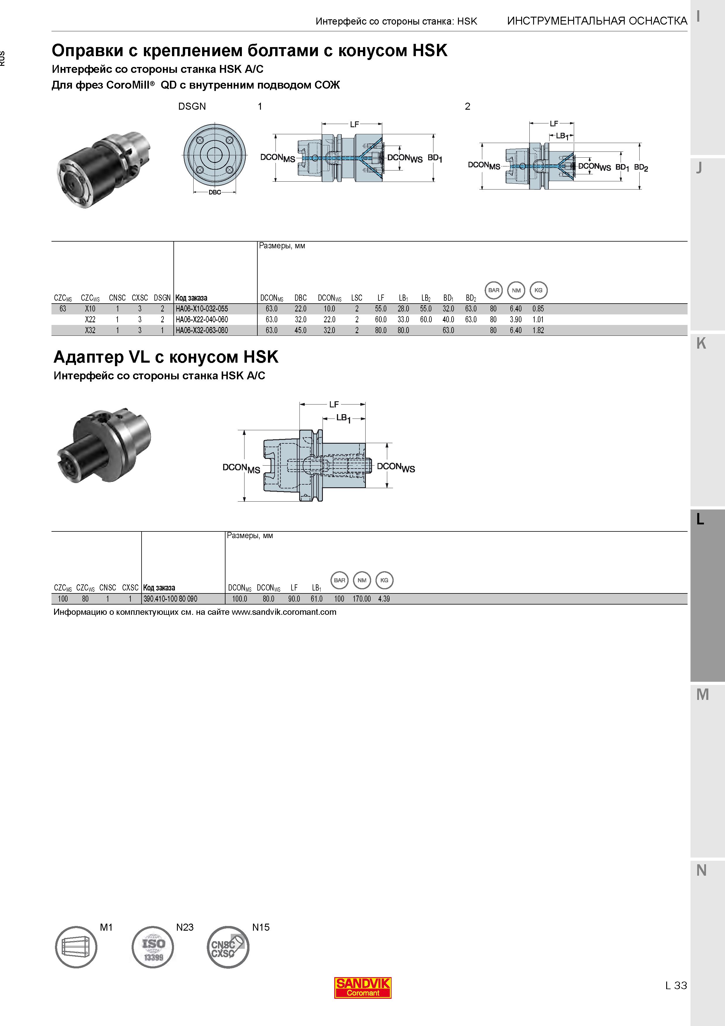 383 Оправки с креплением болтами с конусом HSK ISO 12164-1 (DIN 69893) для фрез CoroMill QD с внутренним подводом СОЖ Каталог SANDVIK COROMANT 2020 Фрезы и сверла с СМП Расточной инструмент Принадлежности и оснастка для станков Стр. L33