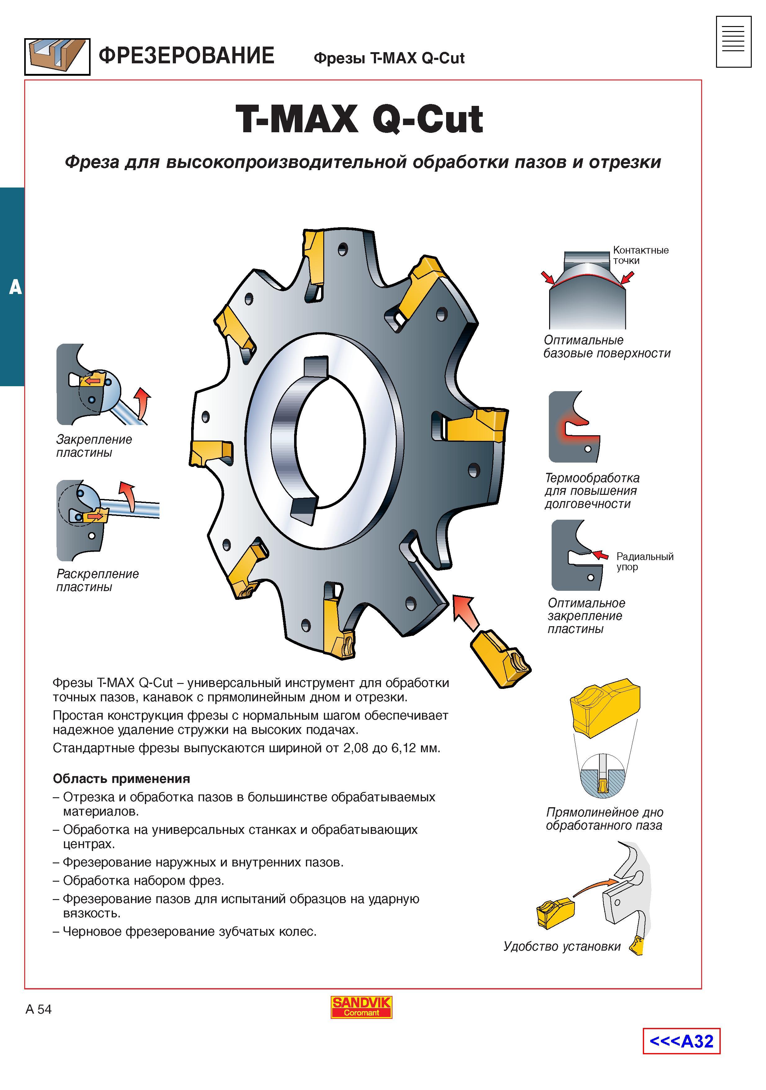 62 Фрезы Sandvik Coromant T-MAX Q-Cut являются универсальным металлорежущим инструментом для обработки точных пазов канавок с прямолинейным дном и Каталог SANDVIK COROMANT 2001 Вращающиеся инструменты для фрезерования сверления растачивания Инструментальная оснастка для станков Стр. A54