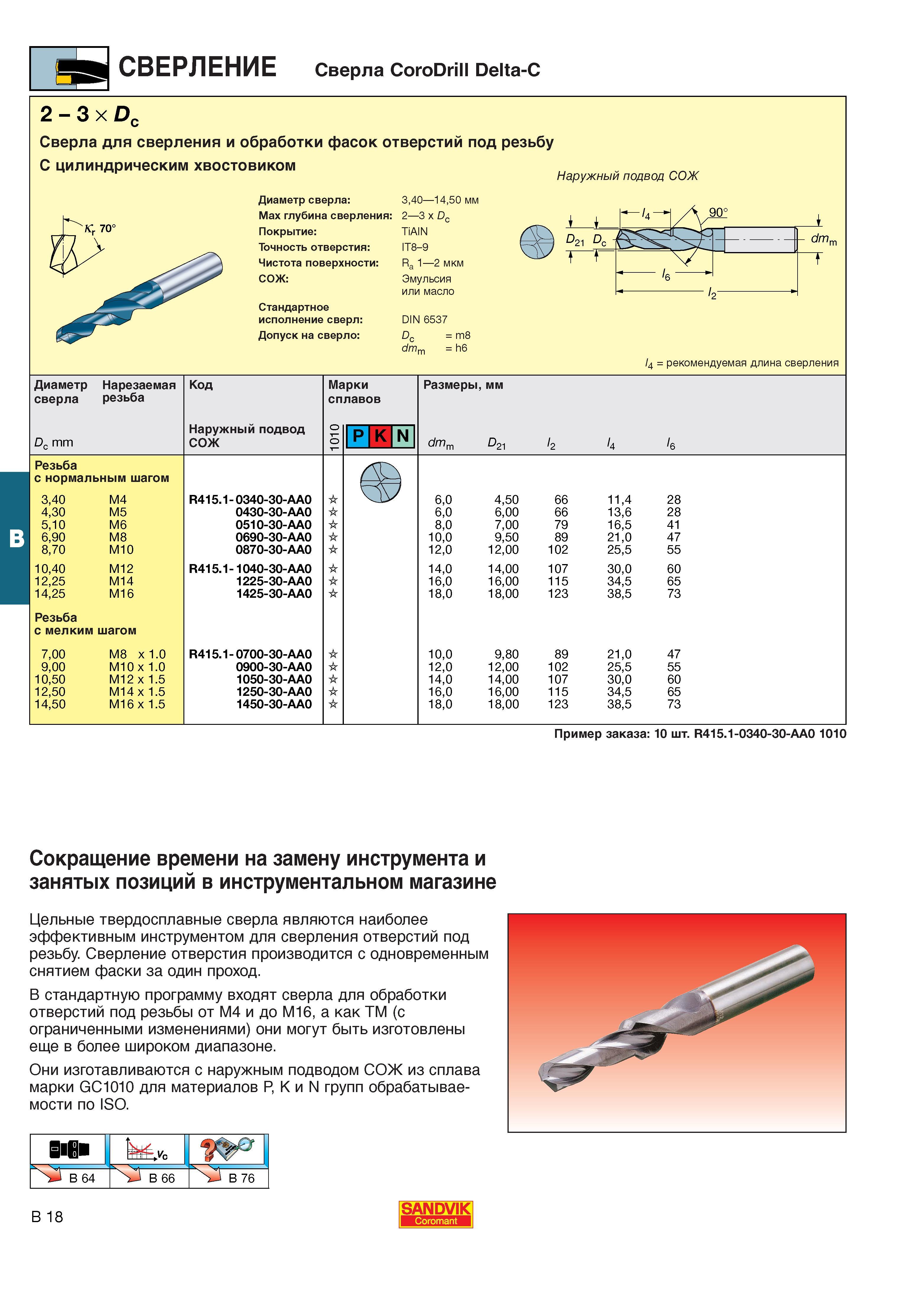 255 Цельные твердосплавные сверла Sandvik Coromant являются наиболее эффективным инструментом для сверления отверстий под резьбу Сверление отверстия Каталог SANDVIK COROMANT 2001 Вращающиеся инструменты для фрезерования сверления растачивания Инструментальная оснастка для станков Стр. B18