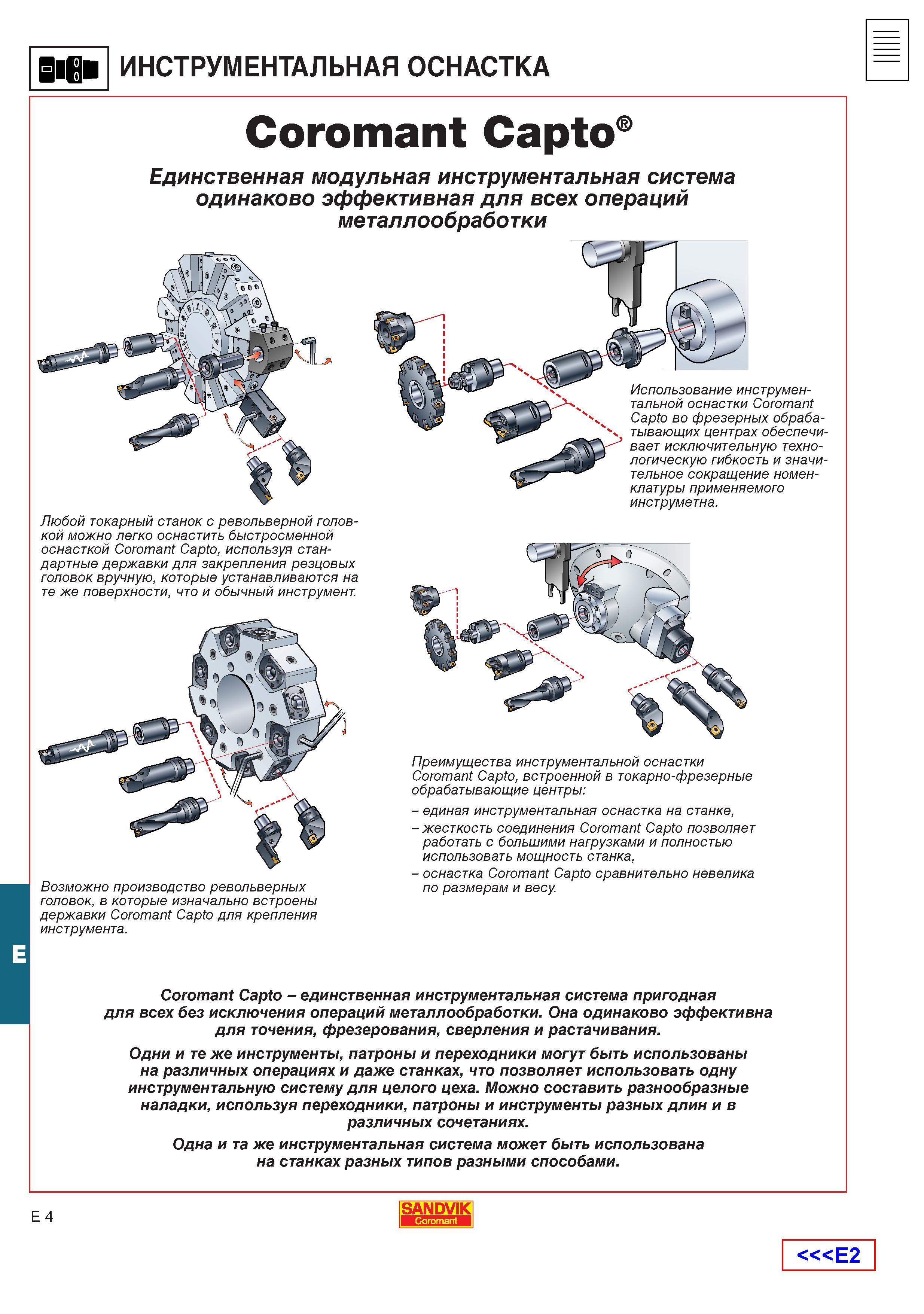 545 Использование инструментальной оснастки Sandvik Coromant Capto во фрезерных обрабатывающих центрах обеспечивает исключительную технологическую г Каталог SANDVIK COROMANT 2001 Вращающиеся инструменты для фрезерования сверления растачивания Инструментальная оснастка для станков Стр. E4