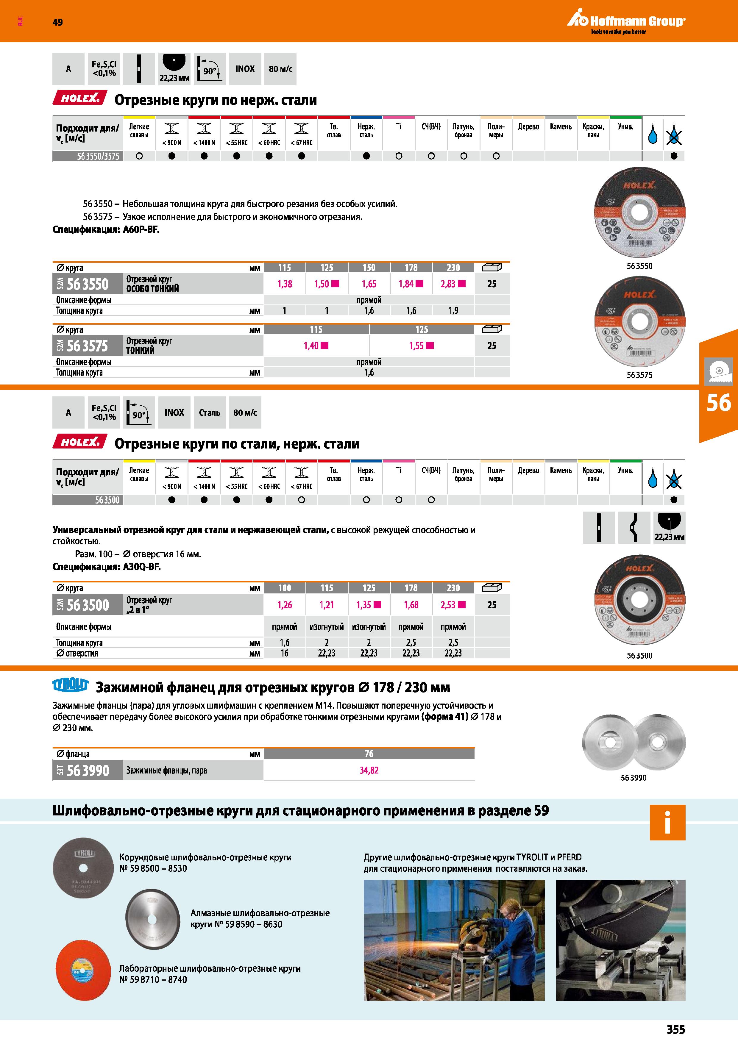 355 А Fe,5,CI <0,1% 1 1 W to 22,23 мм 1 ' INOX 80 м с ЕШИ Отрезные круги по нерж стали Подходит для V, м с Легкие сплавы < 9 0 N X <1400 N X < 5 Каталог HOFFMANN GROUP 2018 Инструмент ручной Слесарный и механизированный Измерительные приборы и инструменты Производственный инвентарь Стр. 355