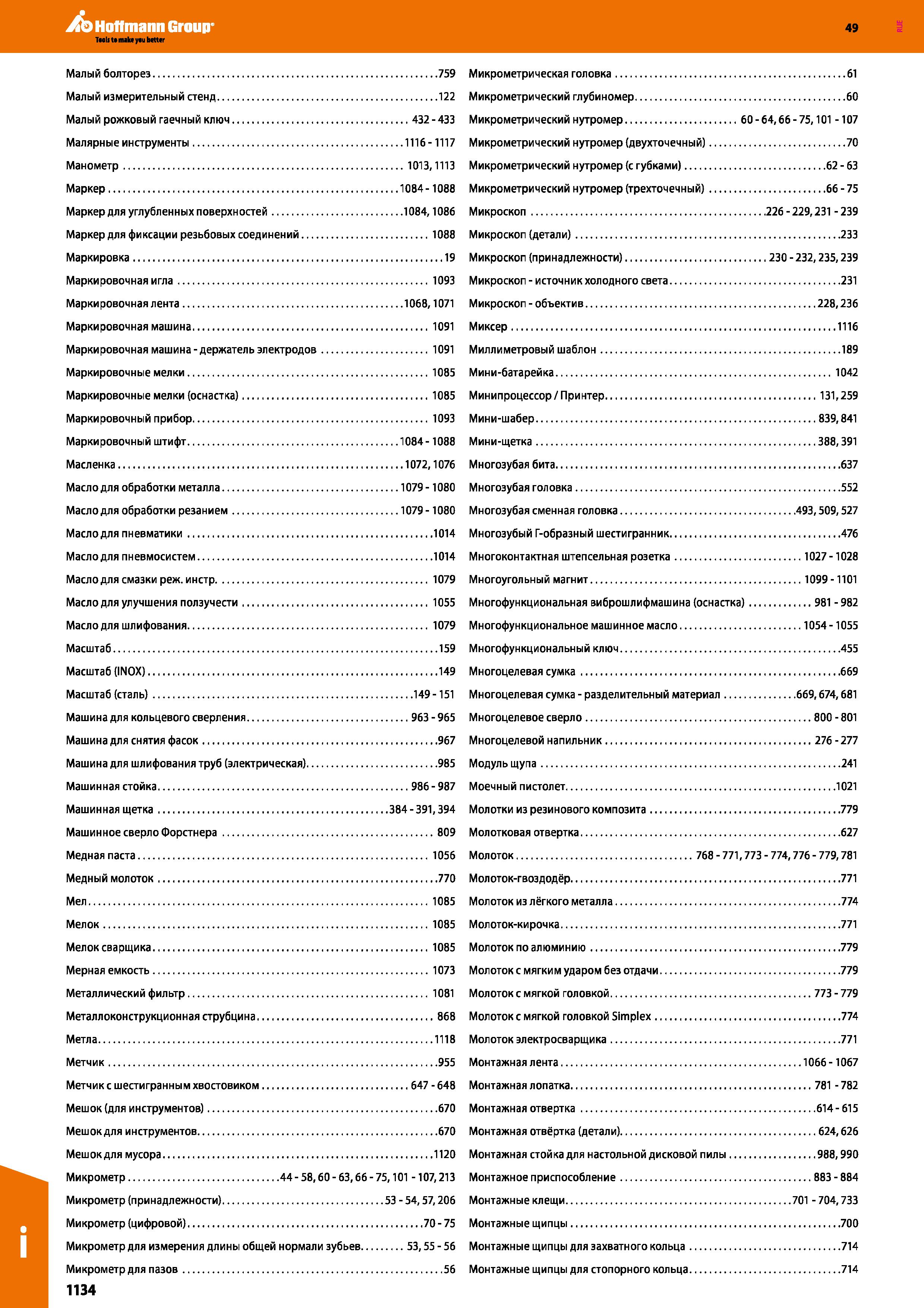 1134 Малый болторез 759 Микрометрическая головка 61 Малый измерительный стенд 122 Микрометрический глубиномер 60 Малый рожковый гаечный ключ 432 Каталог HOFFMANN GROUP 2018 Инструмент ручной Слесарный и механизированный Измерительные приборы и инструменты Производственный инвентарь Стр. 1134