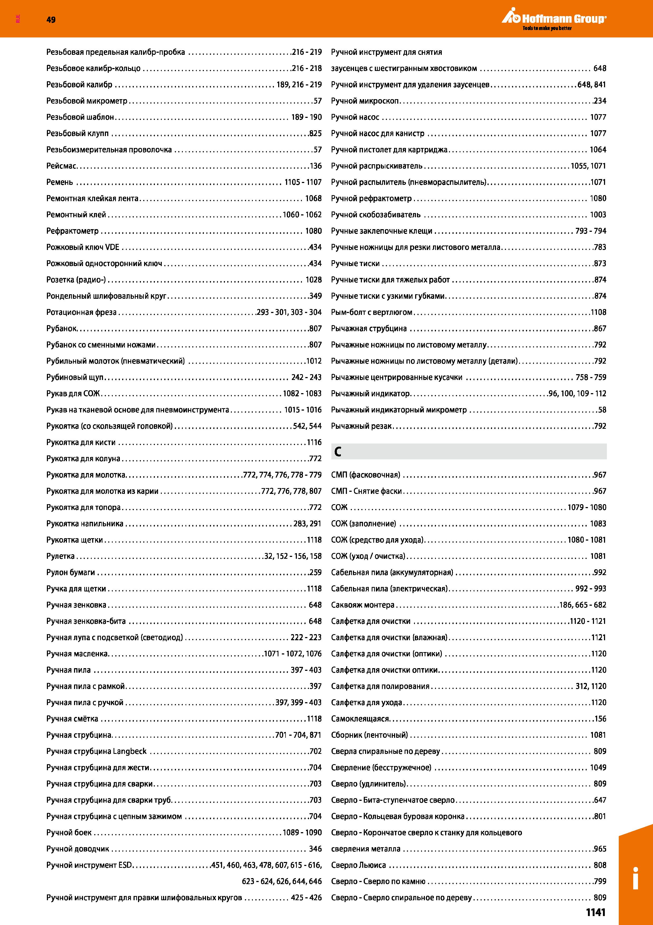 1141 Резьбовая предельная калибр-пробка 216-219 Ручной инструмент для снятия Резьбовое калибр-кольцо 216-218 заусенцев с шестигранным хвостовиком Каталог HOFFMANN GROUP 2018 Инструмент ручной Слесарный и механизированный Измерительные приборы и инструменты Производственный инвентарь Стр. 1141