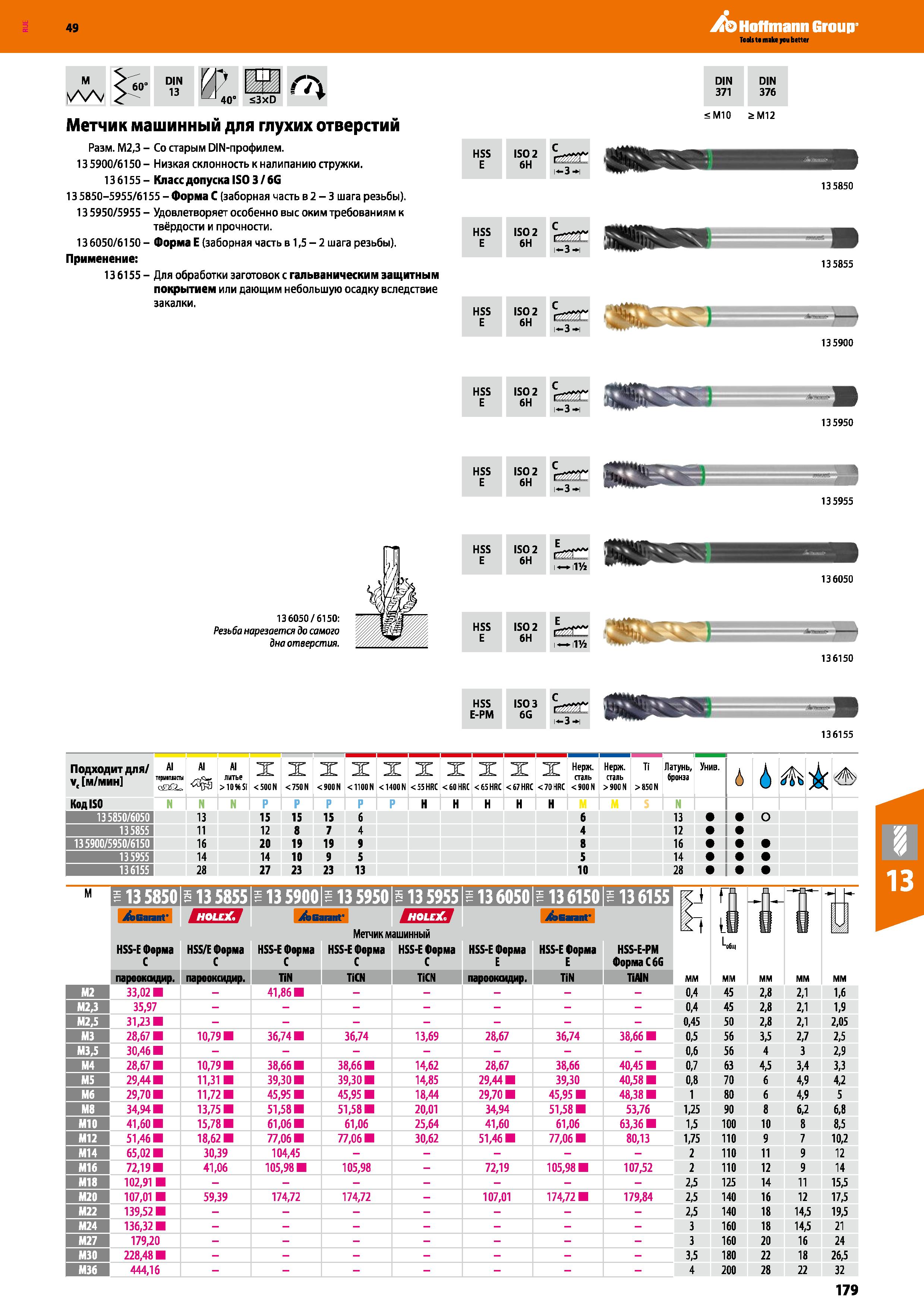 179 Hoffmann Group DIN DIN 371 376 Метчик машинный для глухих отверстий Разм М2,3 - Со старым DIN-профилем 13 5900 6150 - Низкая склоннос Каталог HOFFMANN GROUP 2018 Профессиональный режущий и вспомогательный инструмент для промышленного оборудования Сверла Фрезы Метчики Державки Стр. 179