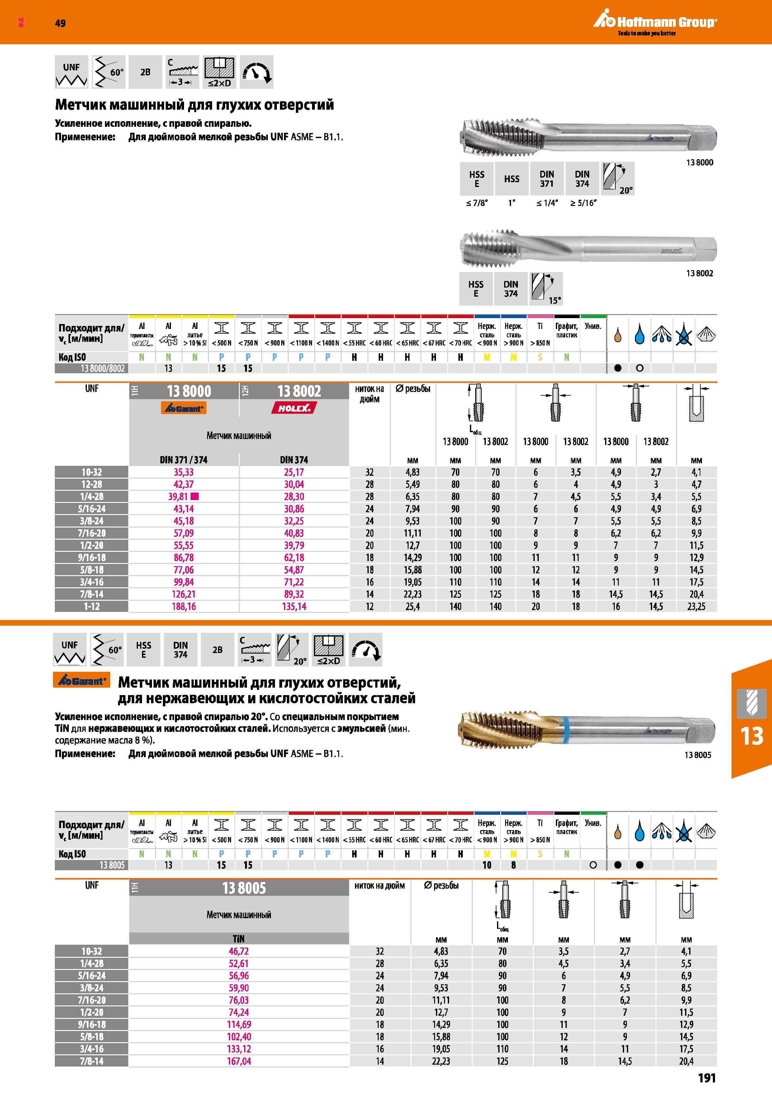 191 Hoffmann Group 2В <2xD Метчик машинный для глухих отверстий Усиленное исполнение, с правой спиралью Применение: Для дюймовой мелкой р Каталог HOFFMANN GROUP 2018 Профессиональный режущий и вспомогательный инструмент для промышленного оборудования Сверла Фрезы Метчики Державки Стр. 191