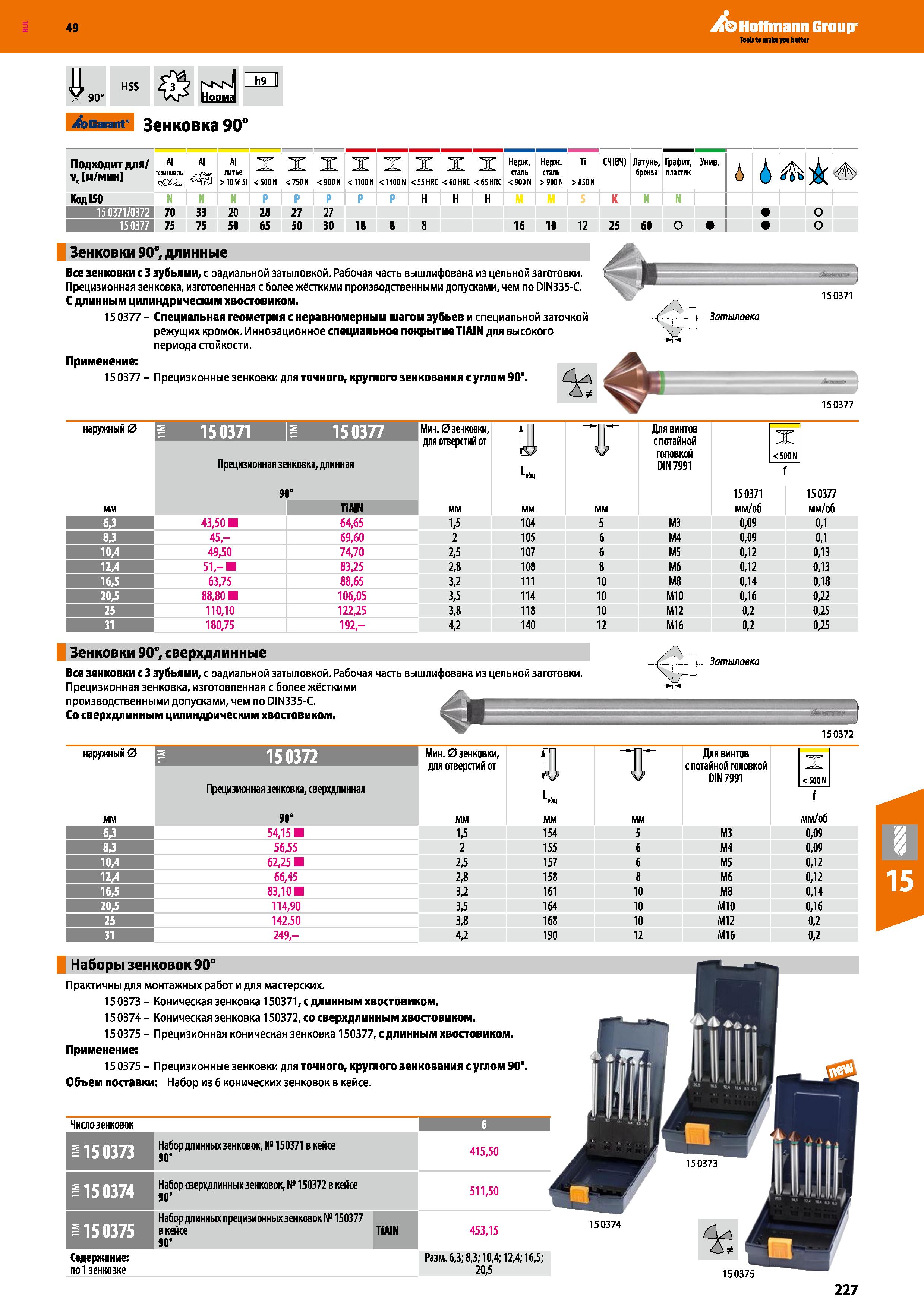 227 Hoffmann Group ц V до HSS nknI Ivr Норма h9 II Carant Зенковка 90° Подходит для Vc м/мин Al термшилы Al литье > 10% Si X <500N X <750 Каталог HOFFMANN GROUP 2018 Профессиональный режущий и вспомогательный инструмент для промышленного оборудования Сверла Фрезы Метчики Державки Стр. 227