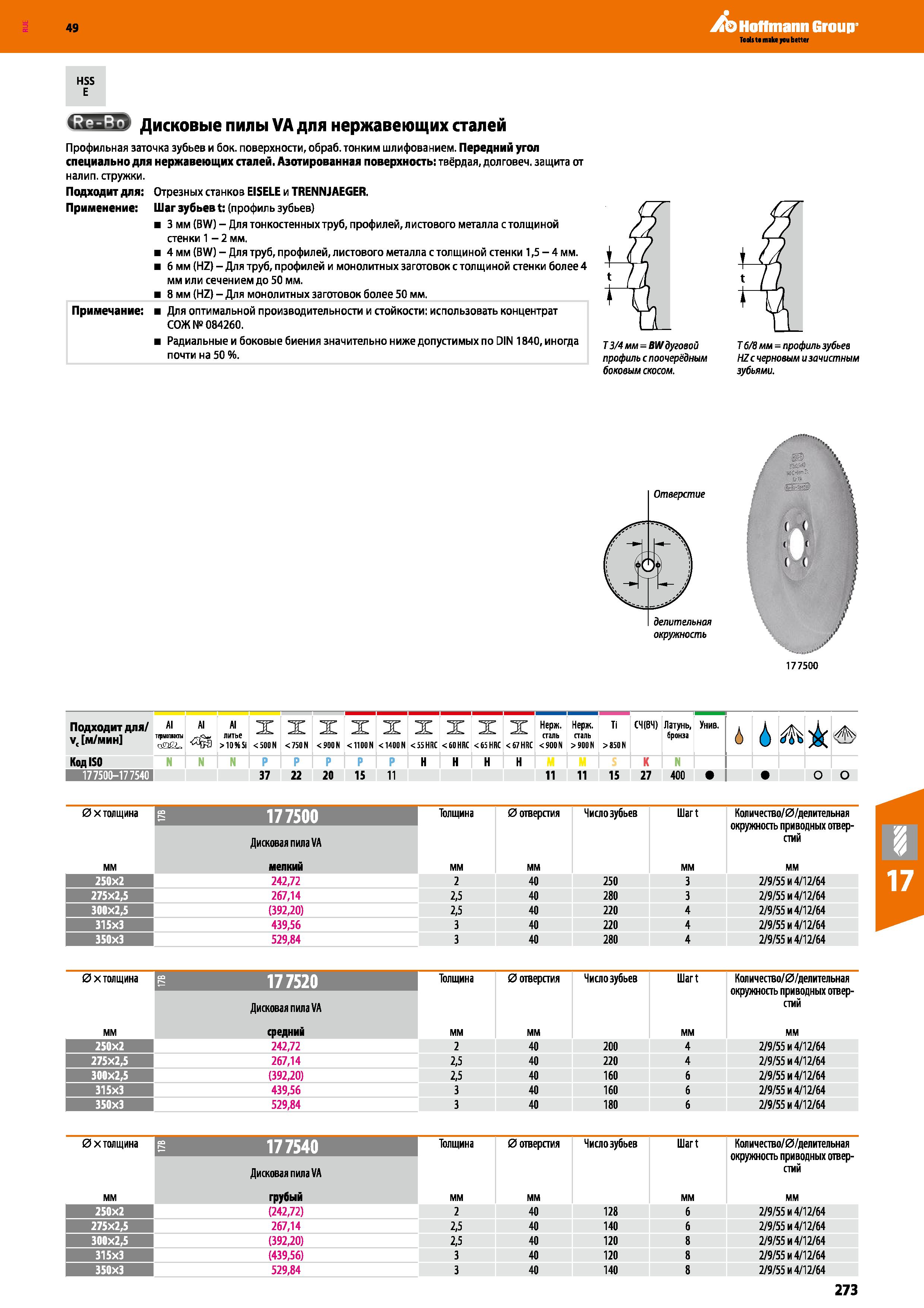 273 HSS E GQQi) Дисковые пилы VA для нержавеющих сталей Профильная заточка зубьев и бок поверхности, обраб тонким шлифованием Передний уг Каталог HOFFMANN GROUP 2018 Профессиональный режущий и вспомогательный инструмент для промышленного оборудования Сверла Фрезы Метчики Державки Стр. 273