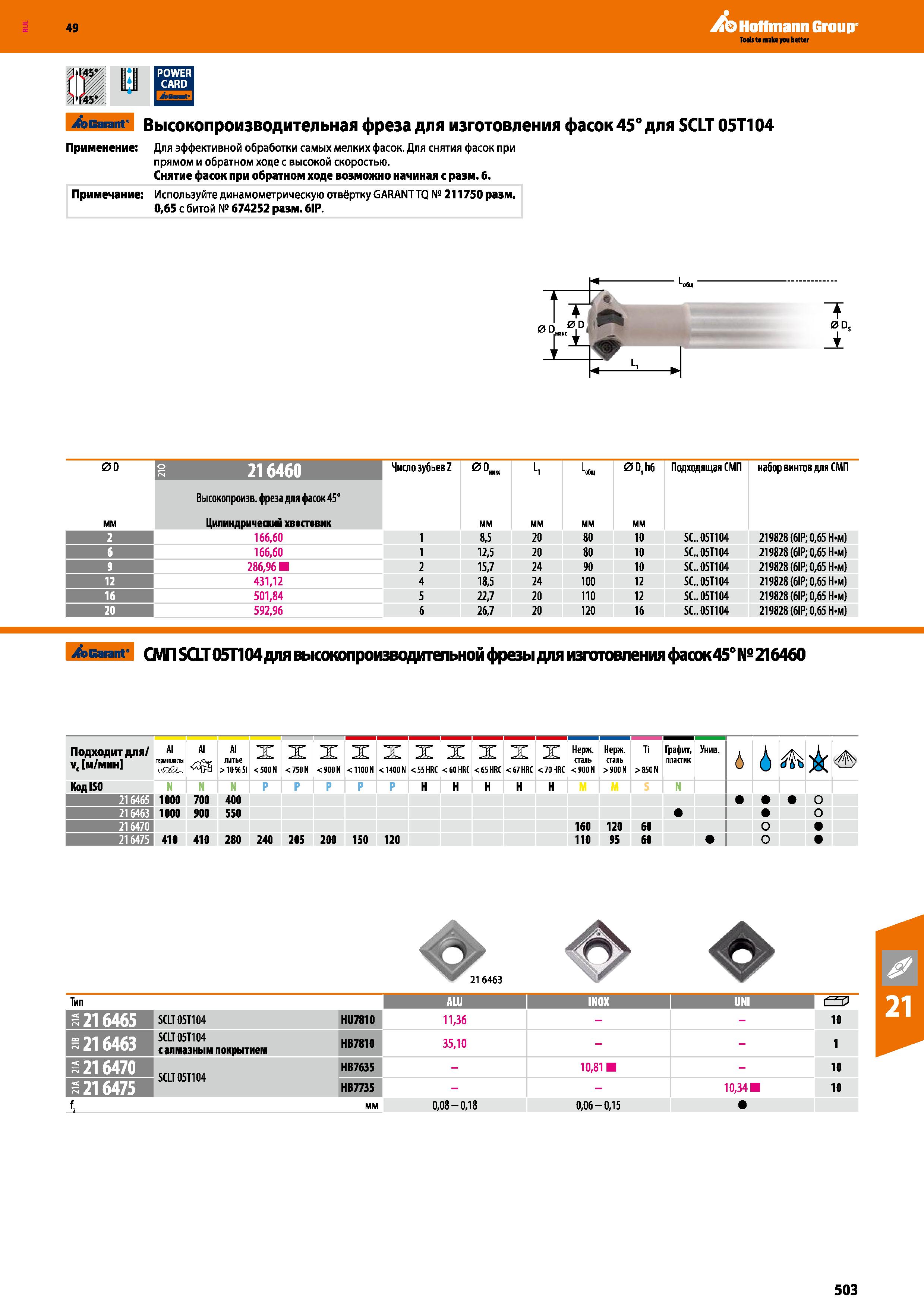 503 Hoffmann Group Garant Высокопроизводительная фреза для изготовления фасок 45° для SCLT 05Т104 Применение: Для эффективной обработки с Каталог HOFFMANN GROUP 2018 Профессиональный режущий и вспомогательный инструмент для промышленного оборудования Сверла Фрезы Метчики Державки Стр. 503