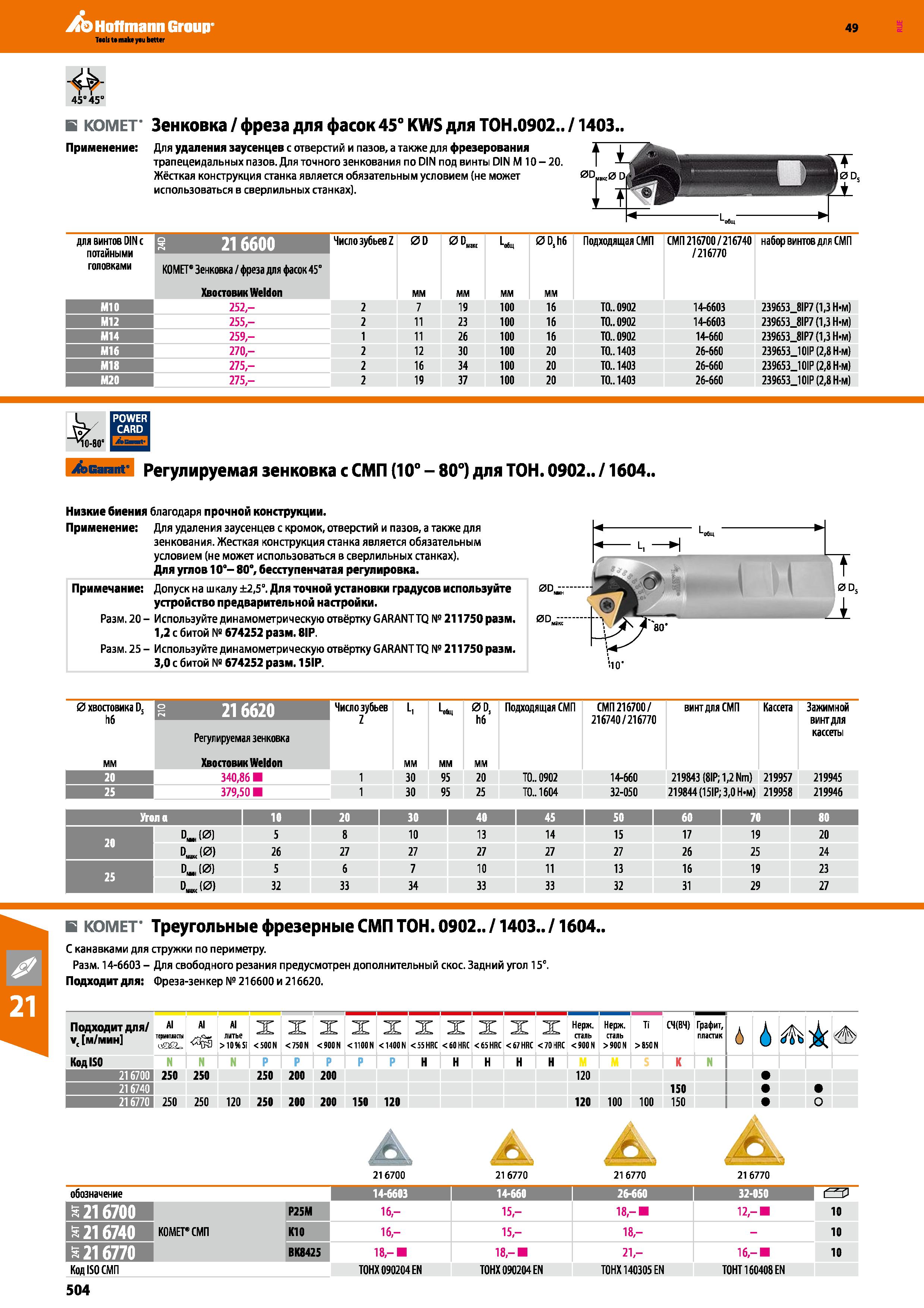 504 в KOMET GROUP Зенковка фреза для фасок45° KWS для ТОН 0902 1403 Применение: Для удаления заусенцев с отверстий и пазов, а также для ф Каталог HOFFMANN GROUP 2018 Профессиональный режущий и вспомогательный инструмент для промышленного оборудования Сверла Фрезы Метчики Державки Стр. 504