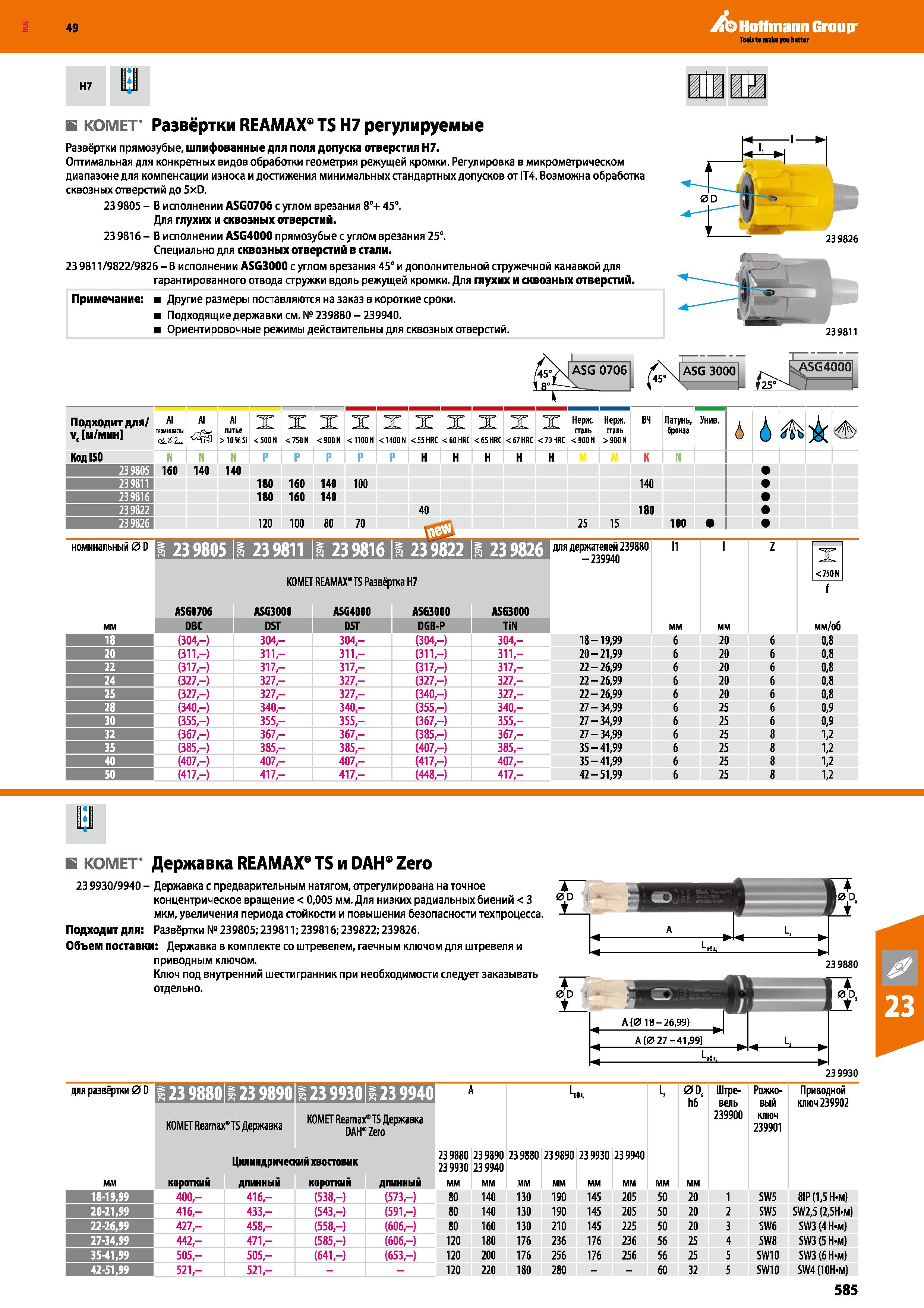 585 Hoffmann Group в KOMET GROUP Развёртки REAMAX TS Н7 регулируемые Развёртки прямозубые, шлифованные для поля допуска отверстия Н7 Опти Каталог HOFFMANN GROUP 2018 Профессиональный режущий и вспомогательный инструмент для промышленного оборудования Сверла Фрезы Метчики Державки Стр. 585