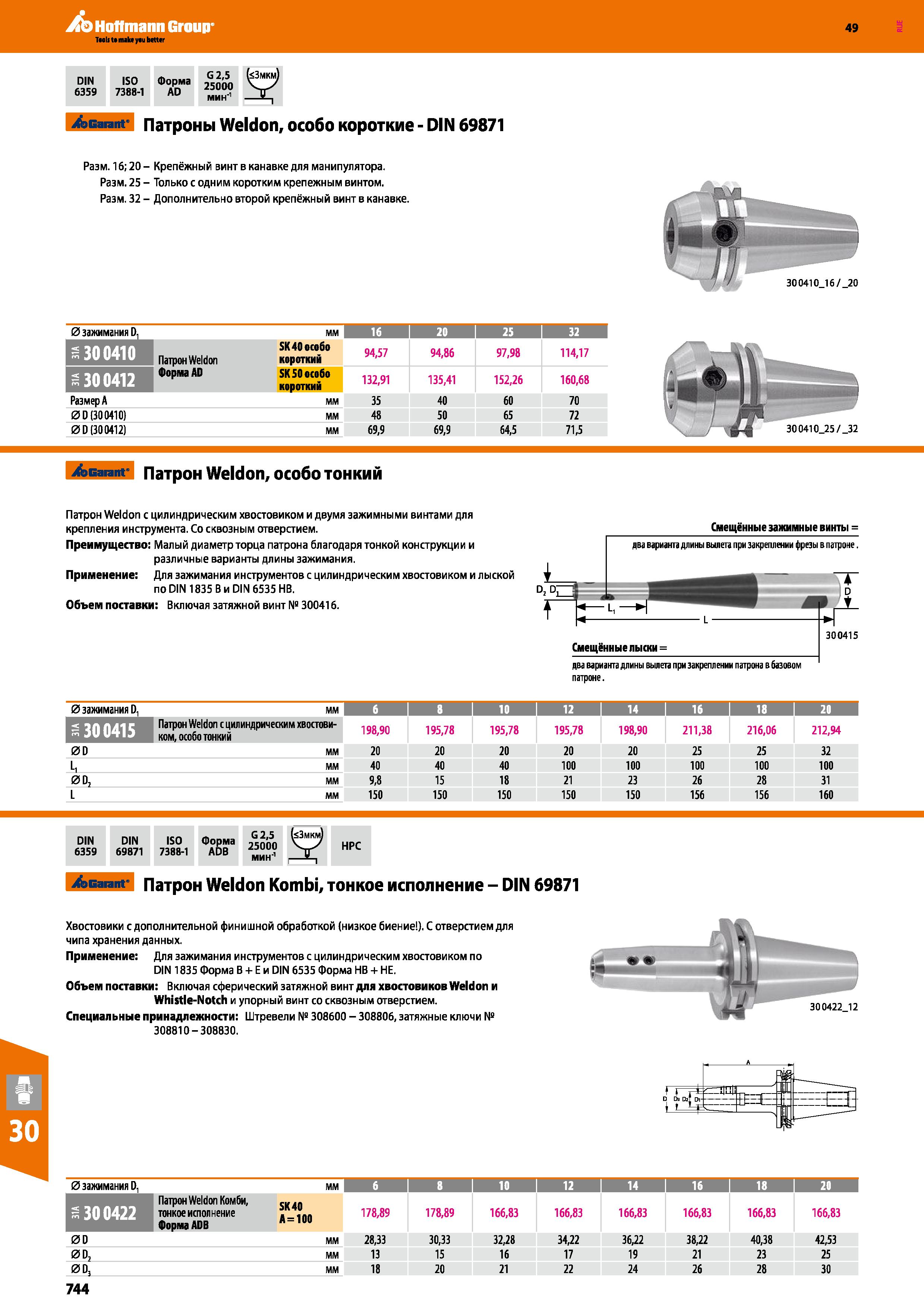 744 Hoffmann Group 49 Garant Патроны Weldon, особо короткие - DIN 69871 Разм 16; 20- Крепёжный винт в канавке для манипулятора Разм 25 - Каталог HOFFMANN GROUP 2018 Профессиональный режущий и вспомогательный инструмент для промышленного оборудования Сверла Фрезы Метчики Державки Стр. 744