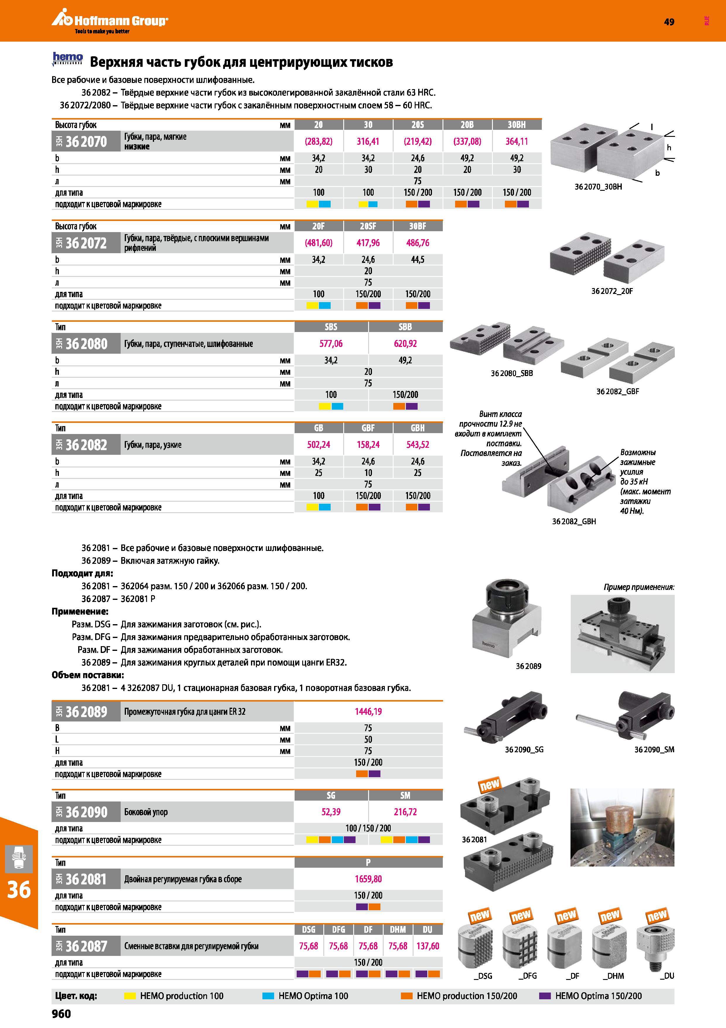 960 Hoffmann Group 49 Верхняя часть губок для центрирующих тисков Все рабочие и базовые поверхности шлифованные 362082 - Твёрдые верхние Каталог HOFFMANN GROUP 2018 Профессиональный режущий и вспомогательный инструмент для промышленного оборудования Сверла Фрезы Метчики Державки Стр. 960