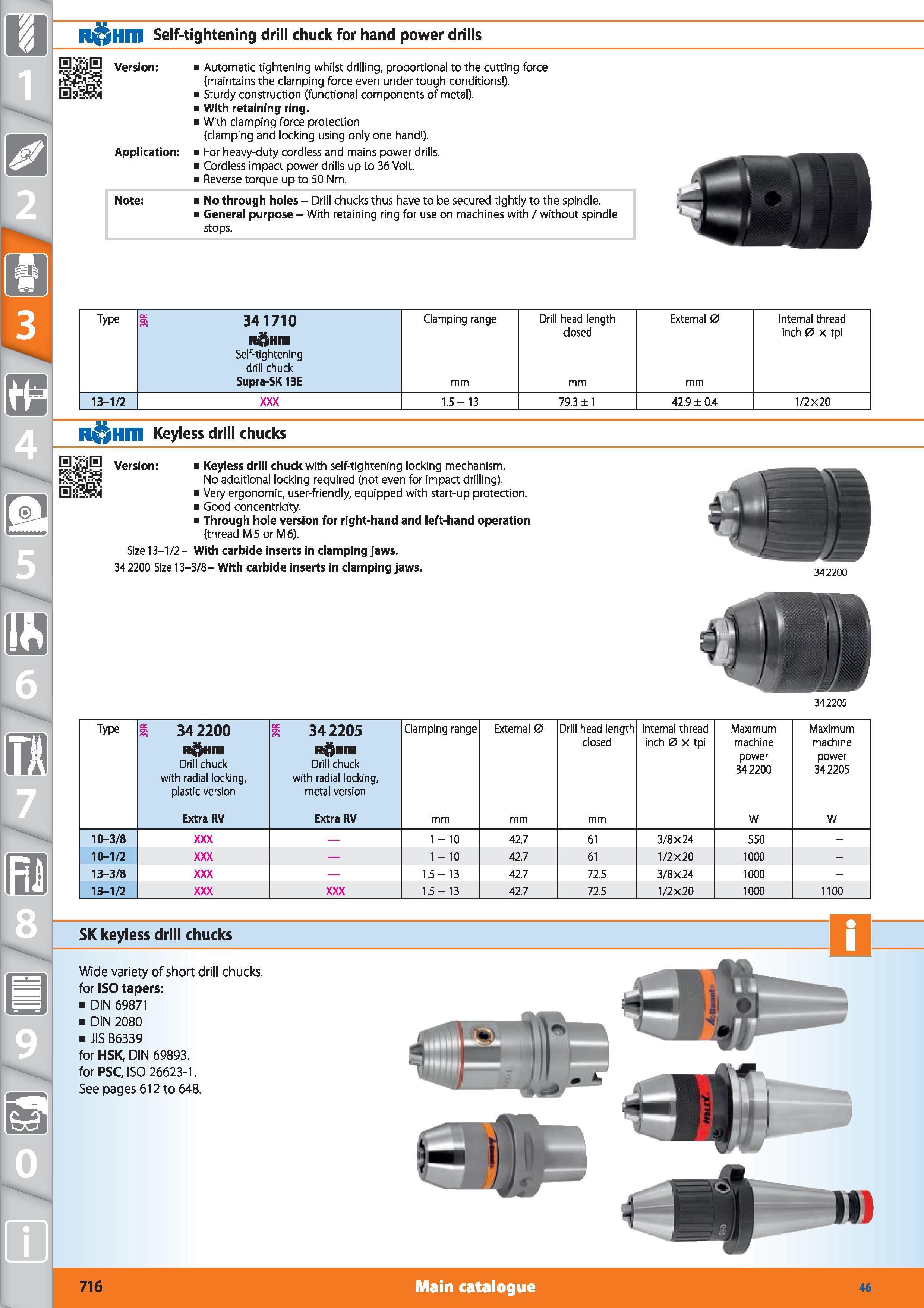 716 R Hm Self-tightening drill chuck for hand power drills Version Automatic tightening whilst drilling, proportional to the cutting force (maintains Каталог HOFFMANN GROUP 2015 Инструмент режущий слесарный измерительный абразивный Оборудование Комплексные поставки для промышленных предприятий Стр. 716 ENG