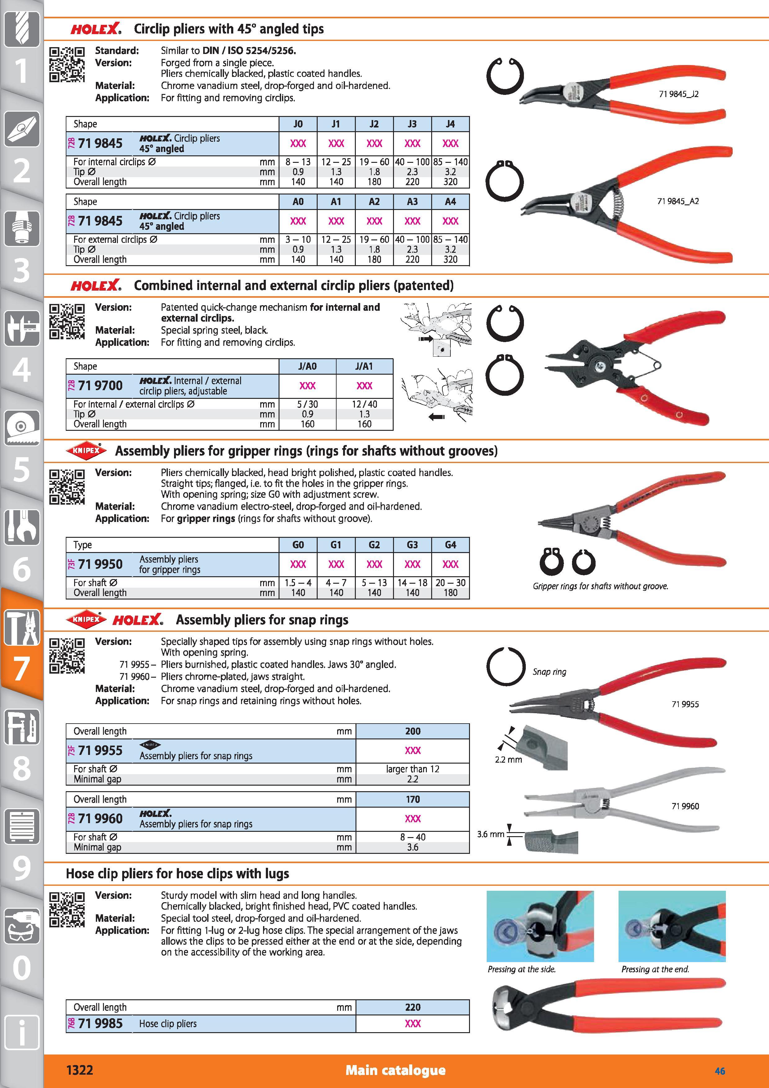 1322 HOLEX Circlip pliers with 45° angled tips Standard Similar to DIN / ISO 5254/5256 Version Forged from a single piece Pliers chemically blacked, p Каталог HOFFMANN GROUP 2015 Инструмент режущий слесарный измерительный абразивный Оборудование Комплексные поставки для промышленных предприятий Стр. 1322 ENG
