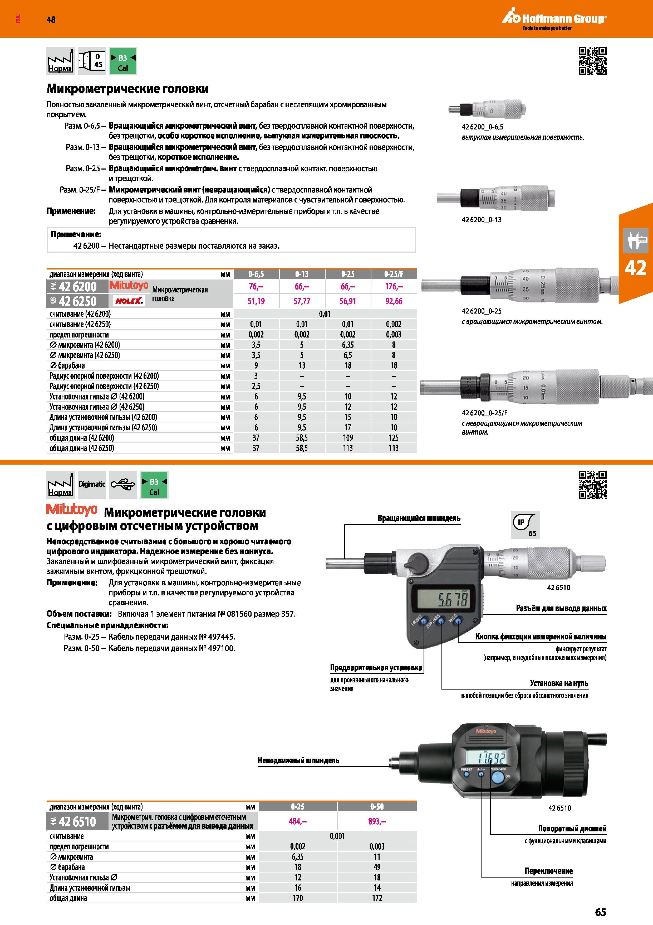65 Микрометрические головки Полностью закаленный микрометрический винт, отсчетный барабан с неслепящим хромированным покрытием Разм 0-6,5 - Каталог HOFFMANN GROUP 2017 Ручной слесарно-монтажный и контрольно-измерительный инструмент для производственных предприятиий и служб сервиса Инвентарь Стр. 65