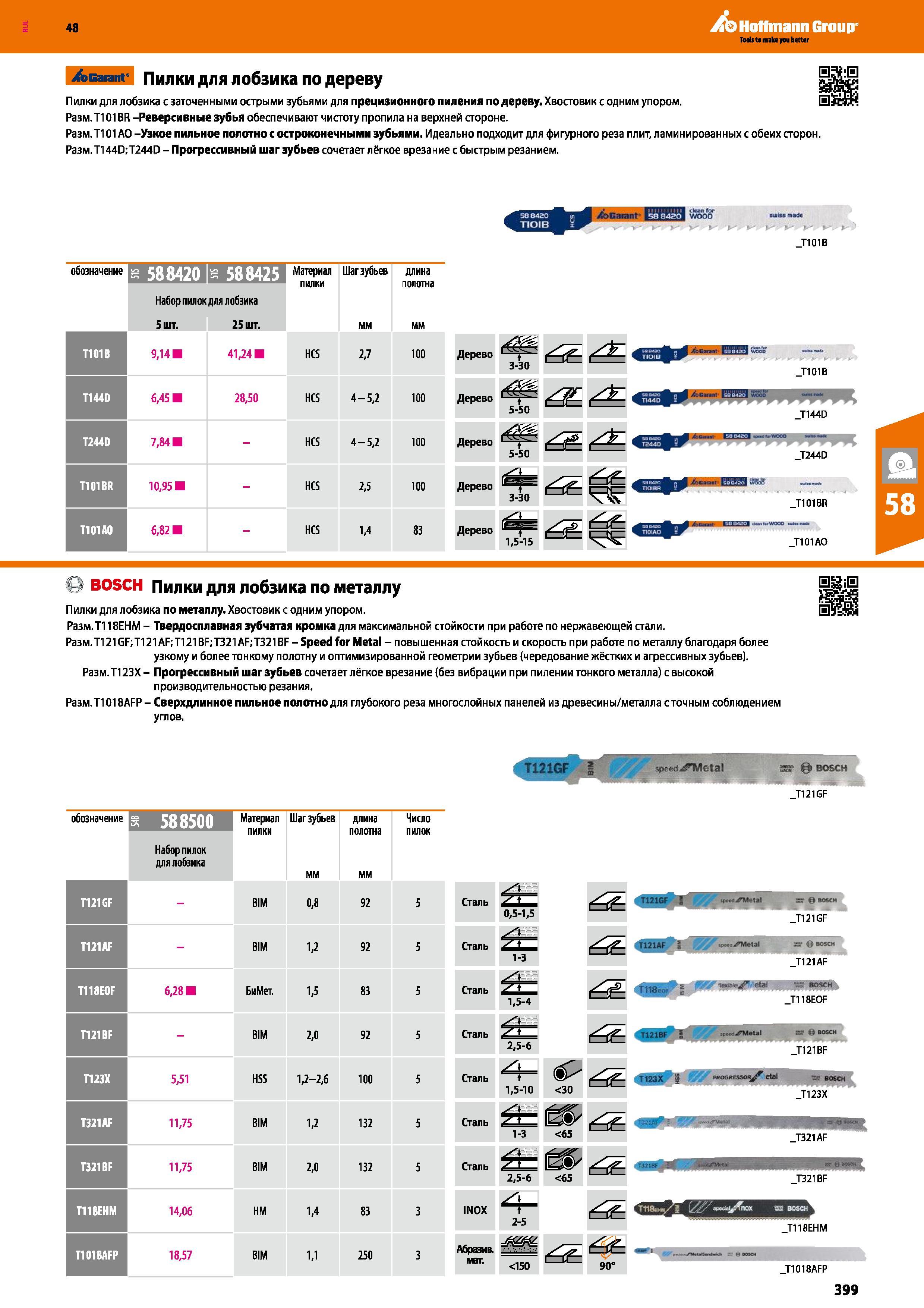 399 Пилки для лобзика с заточенными острыми зубьями для прецизионного пиления по дереву Хвостовик с одним упором Разм Т101BR -Реверсивные зуб Каталог HOFFMANN GROUP 2017 Ручной слесарно-монтажный и контрольно-измерительный инструмент для производственных предприятиий и служб сервиса Инвентарь Стр. 399