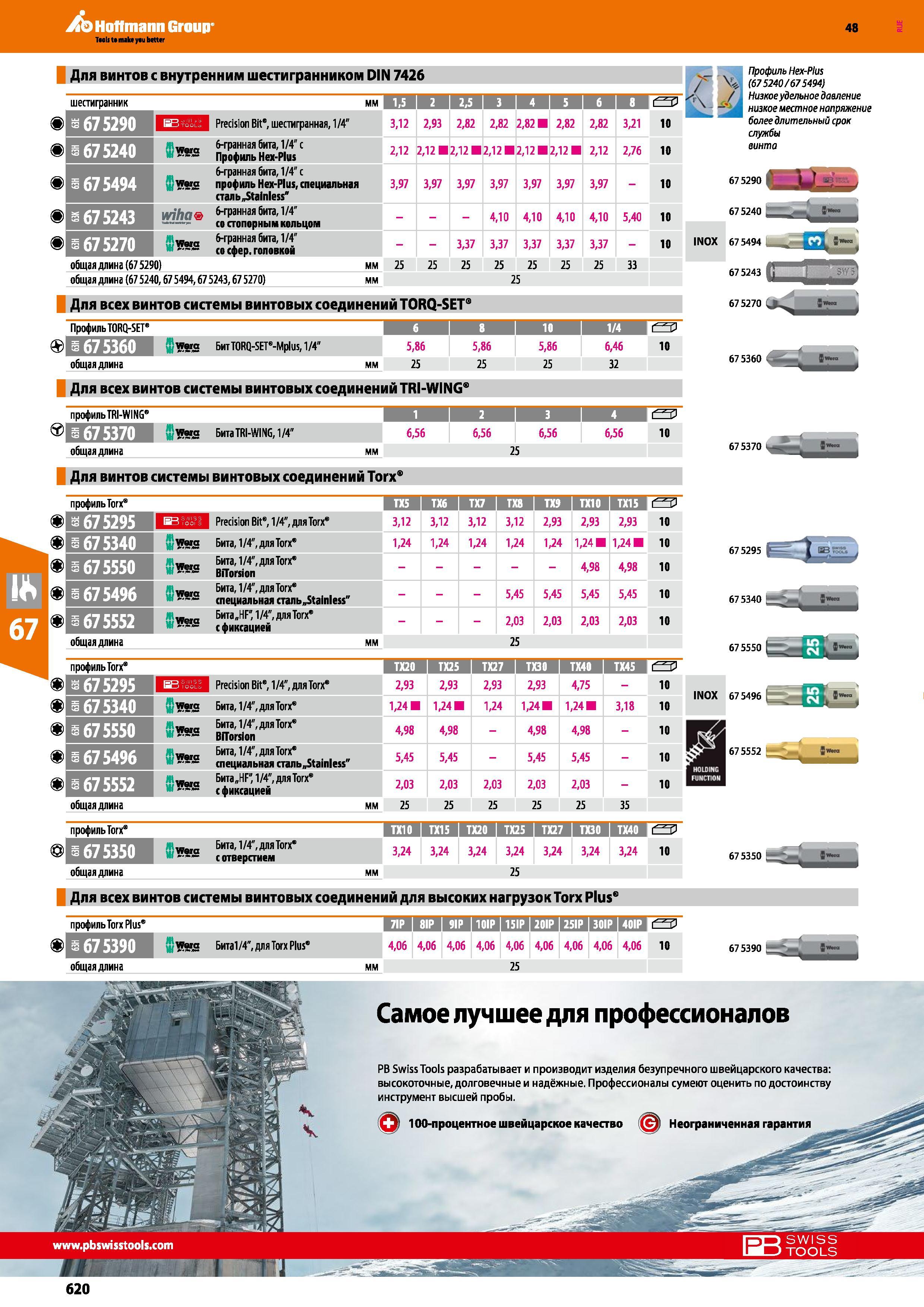 620 Бита, 1/4 , для Тогх с отверстием 3,24 3,24 3,24 3,24 3,24 3,24 3,24 10 общая длина мм 25 675350 Для всех винтов системы винтовых соедине Каталог HOFFMANN GROUP 2017 Ручной слесарно-монтажный и контрольно-измерительный инструмент для производственных предприятиий и служб сервиса Инвентарь Стр. 620