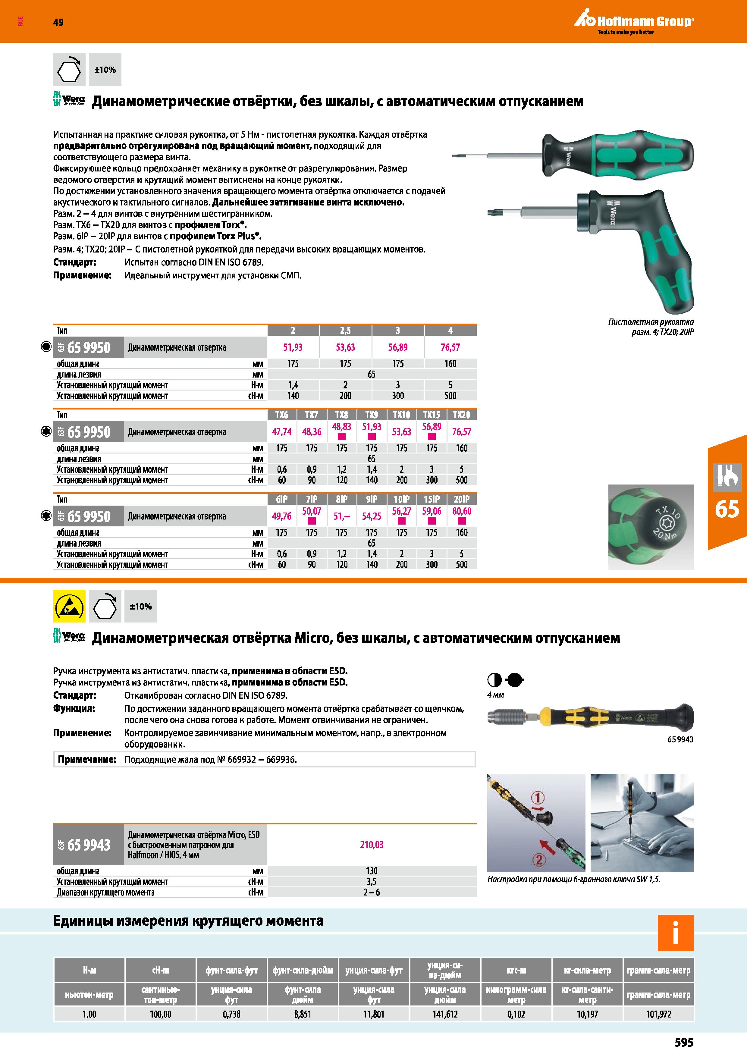 595 О ±10% HI i ra Динамометрические отвёртки, без шкалы, с автоматическим отпусканием Испытанная на практике силовая рукоятка, от 5 Нм - пистол Каталог HOFFMANN GROUP 2018 Инструмент ручной Слесарный и механизированный Измерительные приборы и инструменты Производственный инвентарь Стр. 595