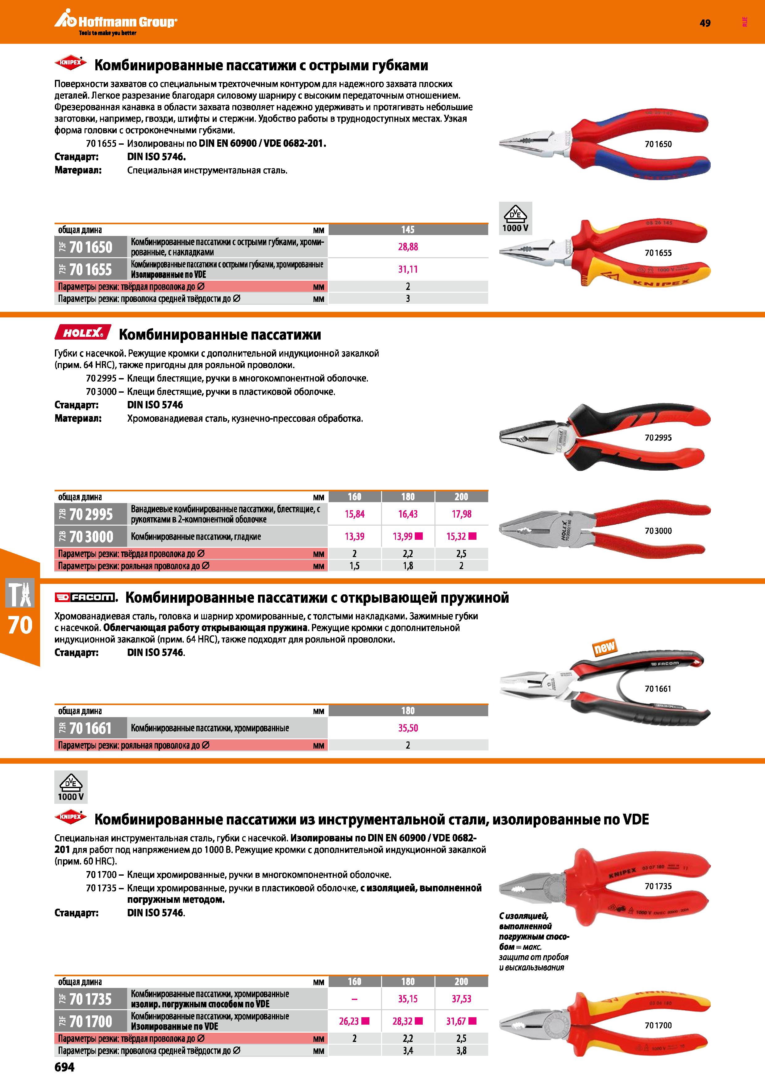 694 Комбинированные пассатижи Knipex с острыми губками Поверхности захватов со специальным трехточечным контуром для надежного захвата Каталог HOFFMANN GROUP 2018 Инструмент ручной Слесарный и механизированный Измерительные приборы и инструменты Производственный инвентарь Стр. 694