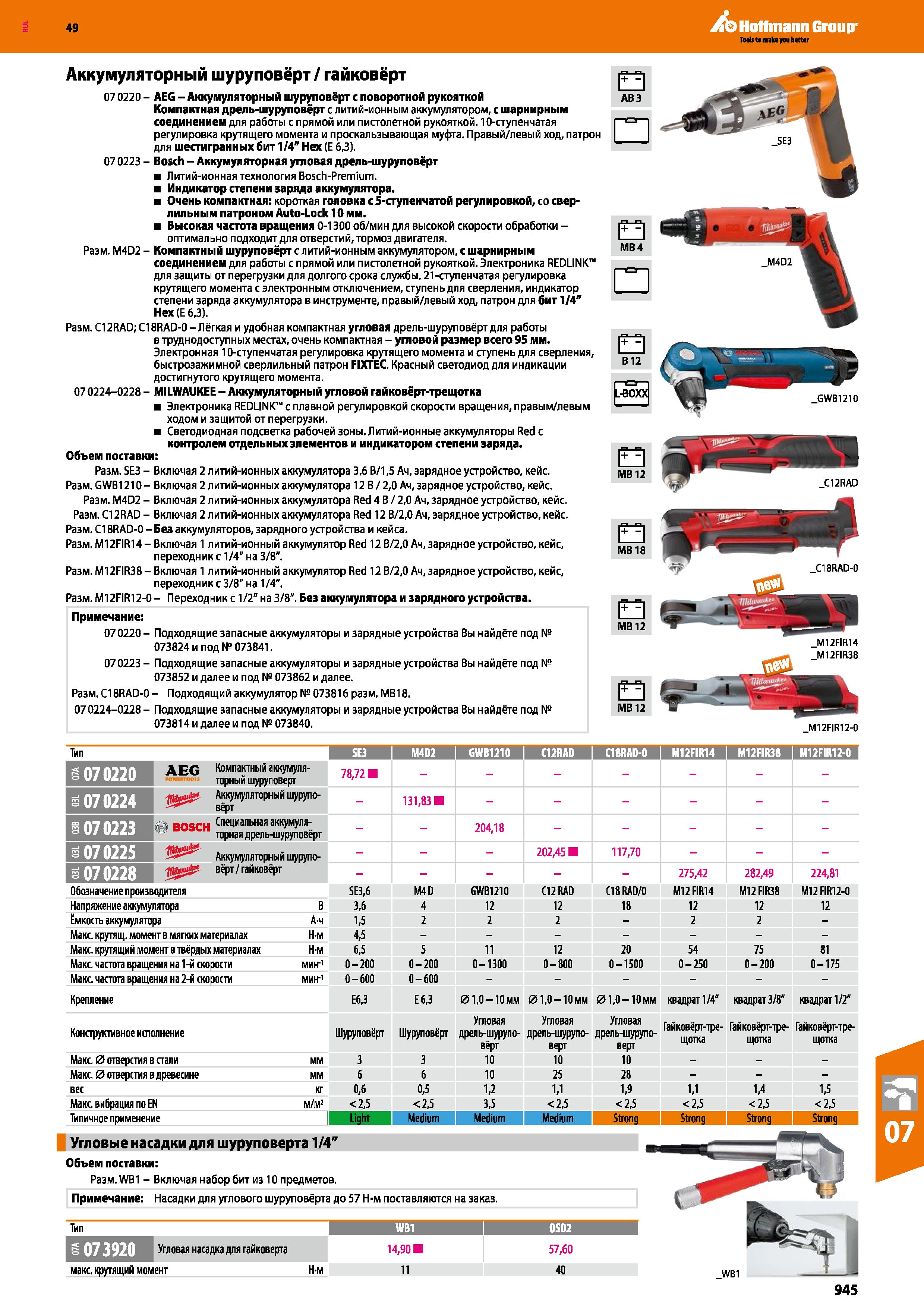945 Компактная дрель-шуруповёрт AEG с литий-ионным аккумулятором С шарнирным соединением для работы с прямой или пистолетной рукояткой Каталог HOFFMANN GROUP 2018 Инструмент ручной Слесарный и механизированный Измерительные приборы и инструменты Производственный инвентарь Стр. 945