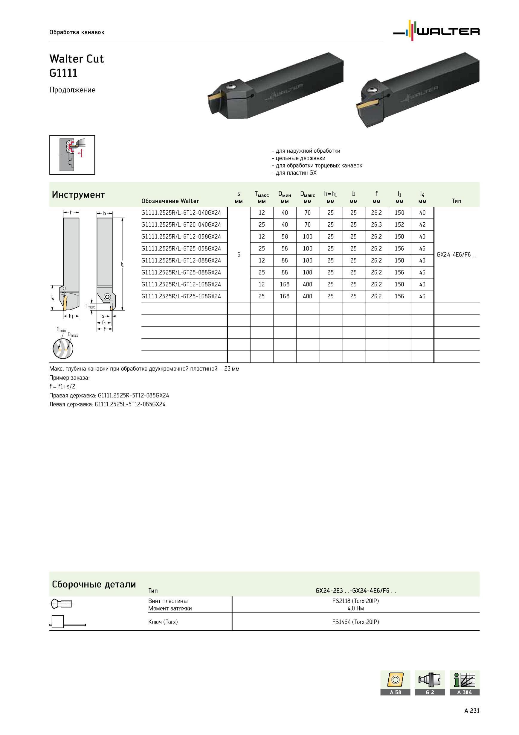 235 Walter Cut G1111 для наружной обработки цельные державки для обработки торцевых канавок для пластин GX Инструмент -h4 h-b -fl- f- Обозначение s мм 1 макс мм и Каталог WALTER 2012 Режущий инструмент и инструментальная оснастка Стр. A231