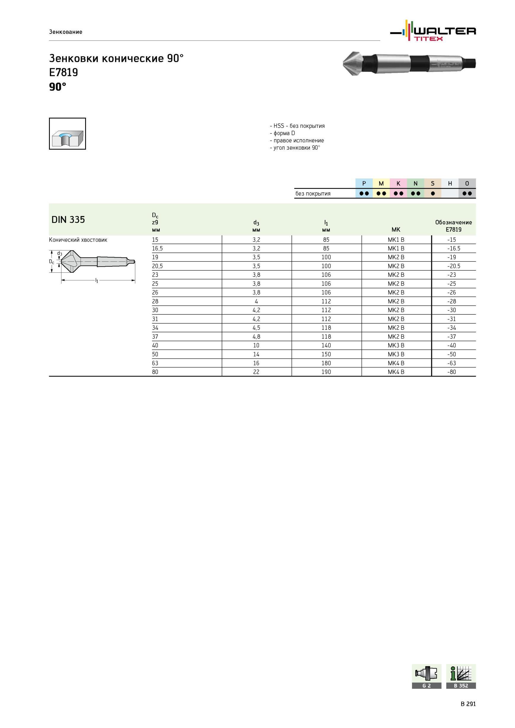 623 Зенковки Walter конические 90° E7819 HSS без покрытия форма D правое исполнение угол зенковки 90° Конический хвостовик P M K N S H O без покрытия DIN 335 Dc z Каталог WALTER 2012 Режущий инструмент и инструментальная оснастка Стр. B291
