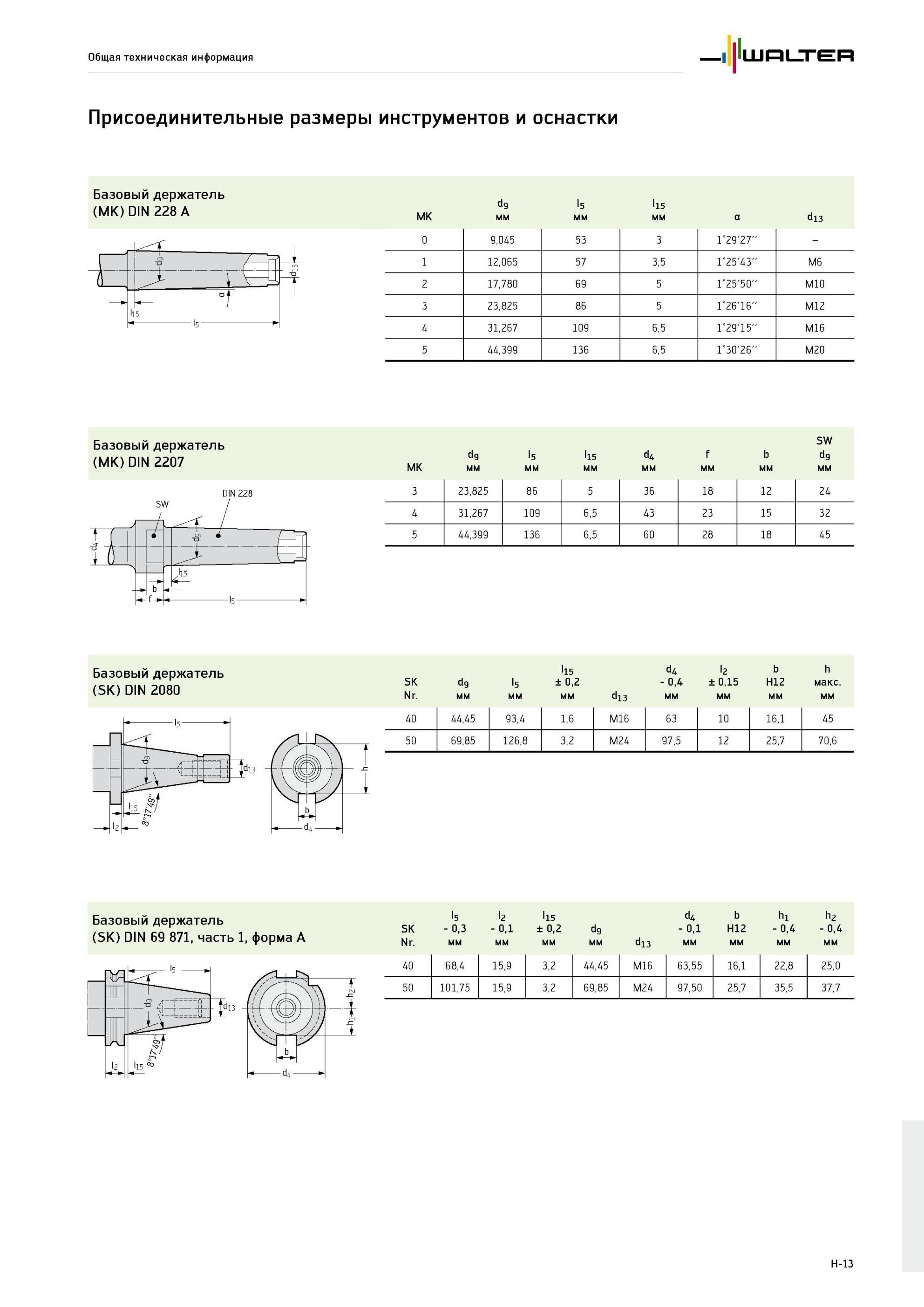 817 Конические хвостовики инструмента и оснастки Конус Морзе DIN 228 A l4 DIN 2207 Инструментальный конус 7:24 Присоединительные размеры DIN 2080 для ручной замены Общая Каталог WALTER 2013 Дополнение к общему Точение Сверление Резьбонарезание Фрезерование Оснастка Стр. H-13