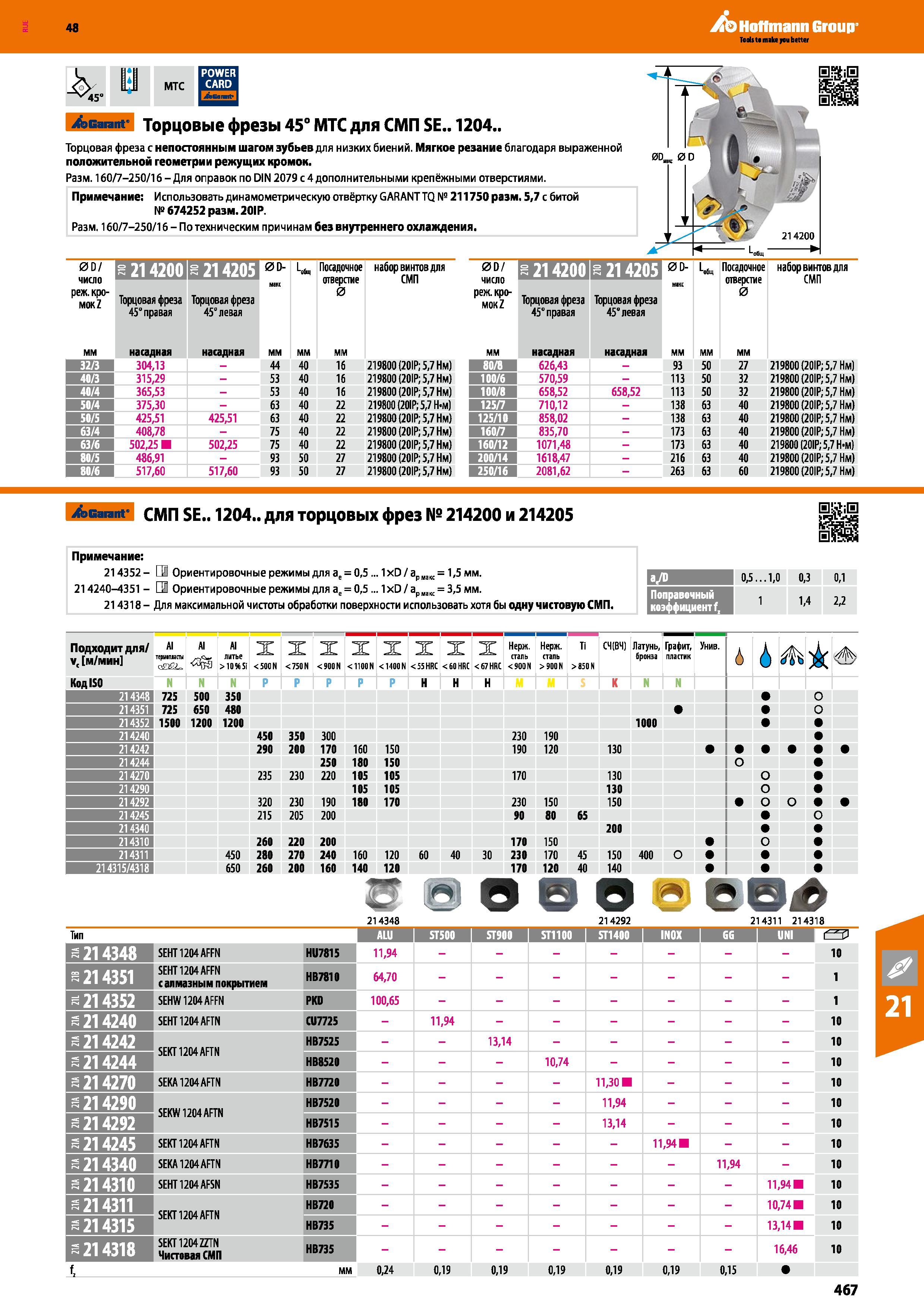 467 48 Hoffmann Group -N<45 MTC Garant Торцовые фрезы 45° MTC для СМП SE 1204 Торцовая фреза с непостоянным шагом зубьев для низких биений Мягкое резание Каталог HOFFMANN GROUP 2017 Инструмент режущий и вспомогательный для металлорежущих промышленных станков Резцы токарные Концевые твердосплавные фрезы Зажимные патроны Стр. 467