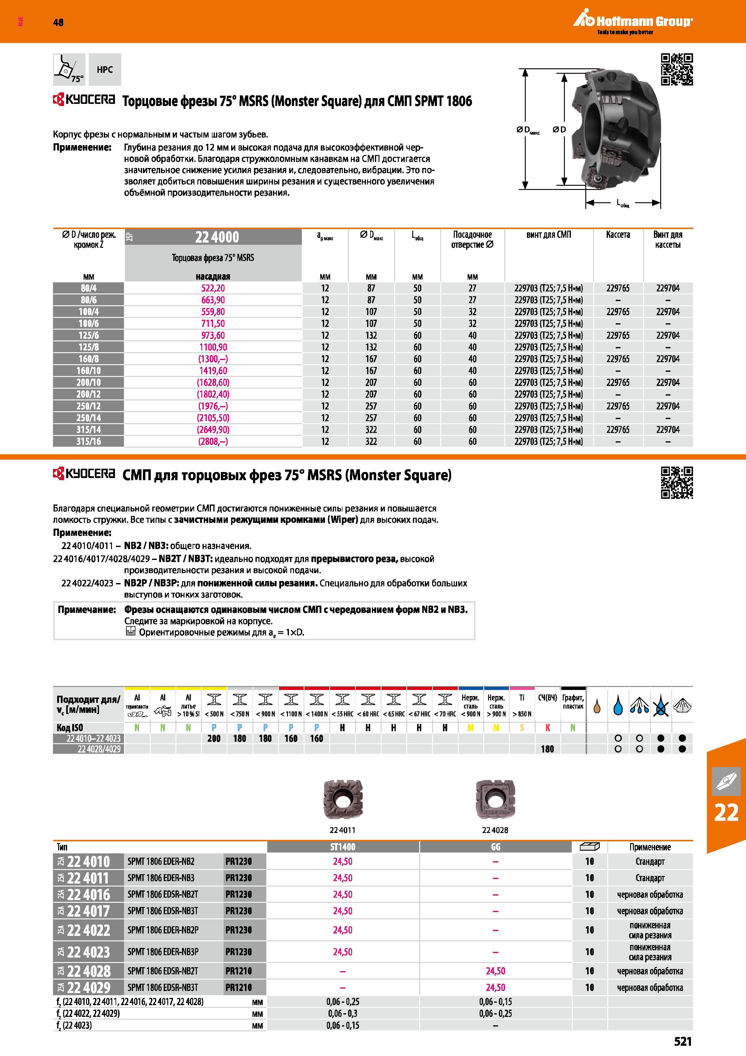 521 Корпусные насадные торцевые фрезы Kyocera от Hoffmann Group MSRS (Monster Square) для СМП SPMT1806 Корпус фрезы с нормальным и частым шагом зубьев При Каталог HOFFMANN GROUP 2017 Инструмент режущий и вспомогательный для металлорежущих промышленных станков Резцы токарные Концевые твердосплавные фрезы Зажимные патроны Стр. 521