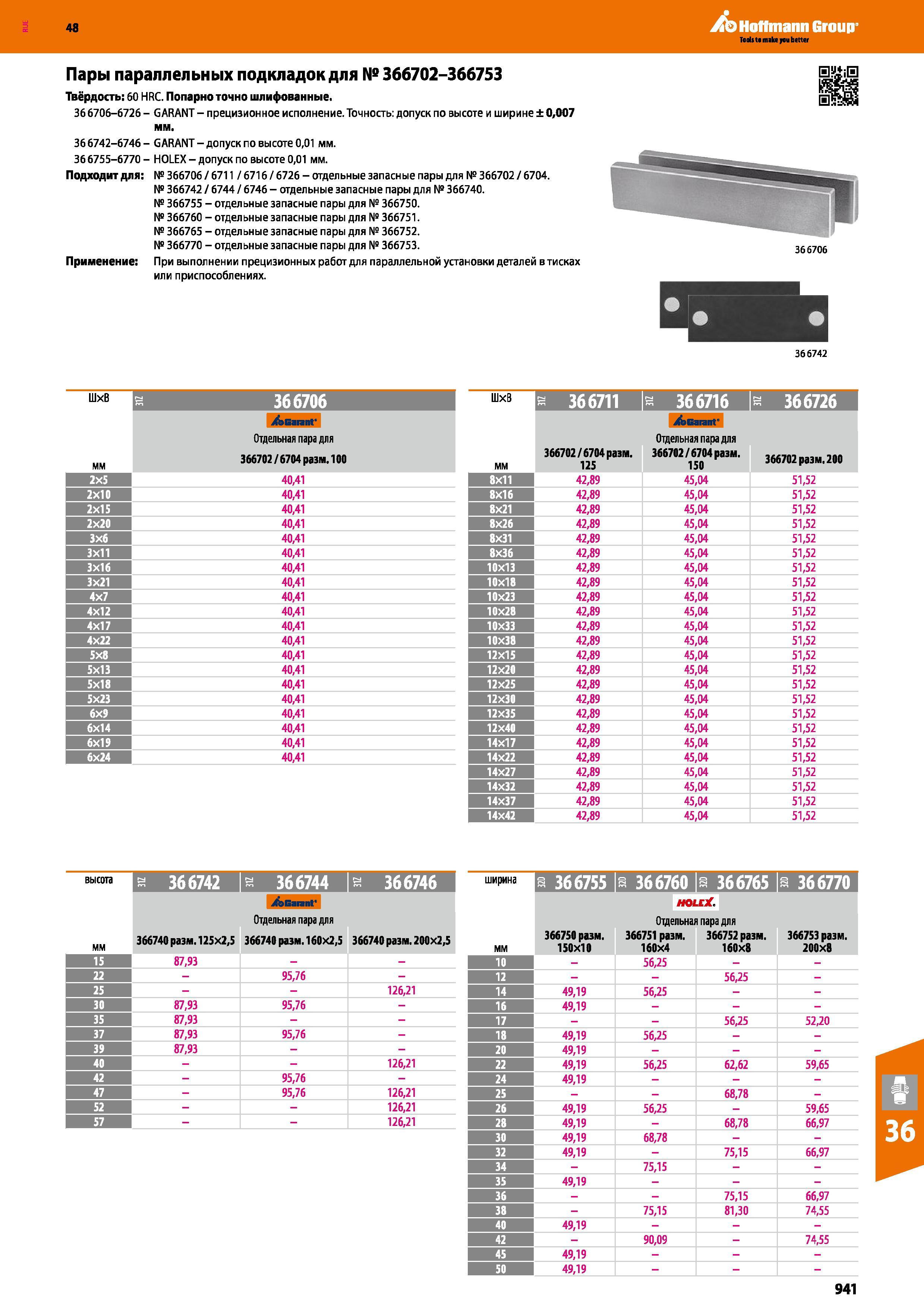 941 48 Hoffmann Group Пары параллельных подкладок для №366702-366753 Твёрдость: 60 HRC Попарно точно шлифованные 366706-6726- GARANT - прецизионное исполн Каталог HOFFMANN GROUP 2017 Инструмент режущий и вспомогательный для металлорежущих промышленных станков Резцы токарные Концевые твердосплавные фрезы Зажимные патроны Стр. 941