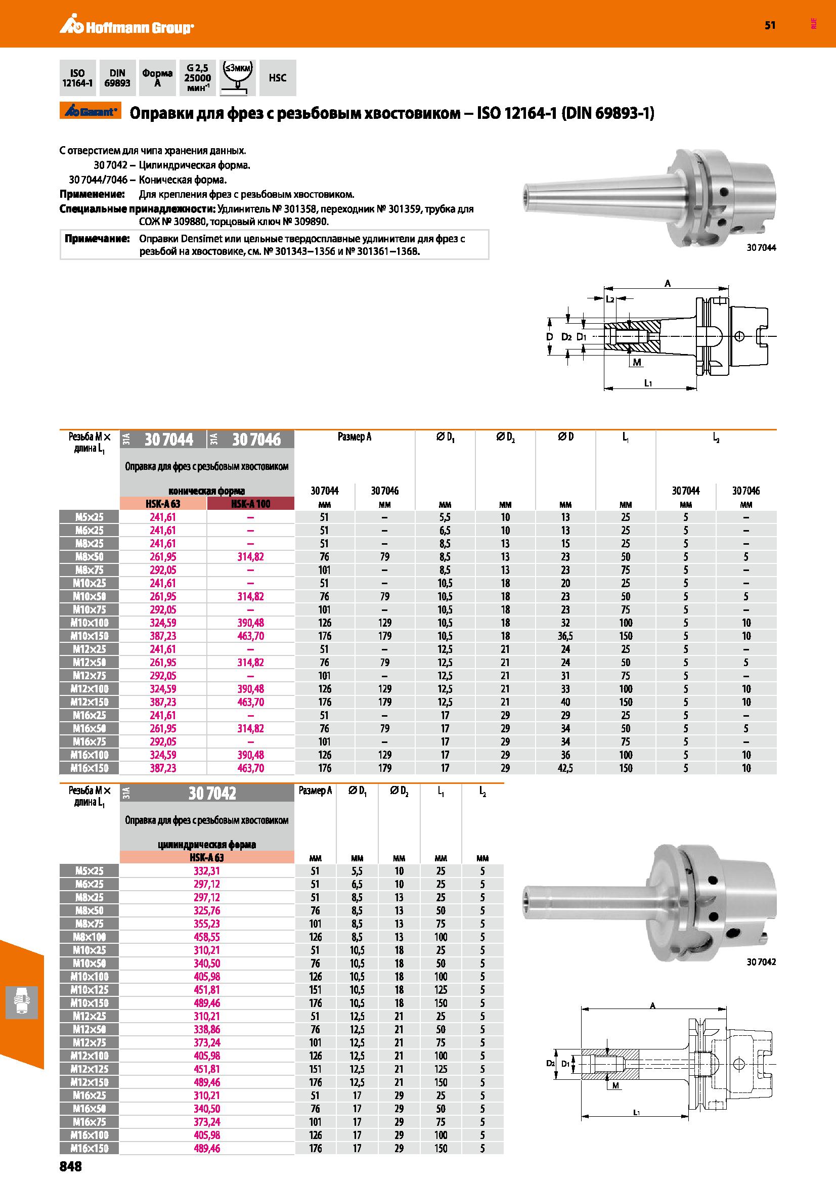 848 9 Hoflmann Group 51 ISO DIN Форма ЛЦ 12164-1 69893 A HSC DBannt Оправки для фрез с резьбовым хвостовиком - IS012164-1 (DIN 69893-1) С отверстием Каталог HOFFMANN GROUP 2020 Режущий и вспомогательный инструмент для металлорежущих станков с ЧПУ и универсальных Сверла Фрезы Метчики Резцы Развертки Оснастка инструментальная Стр. 848