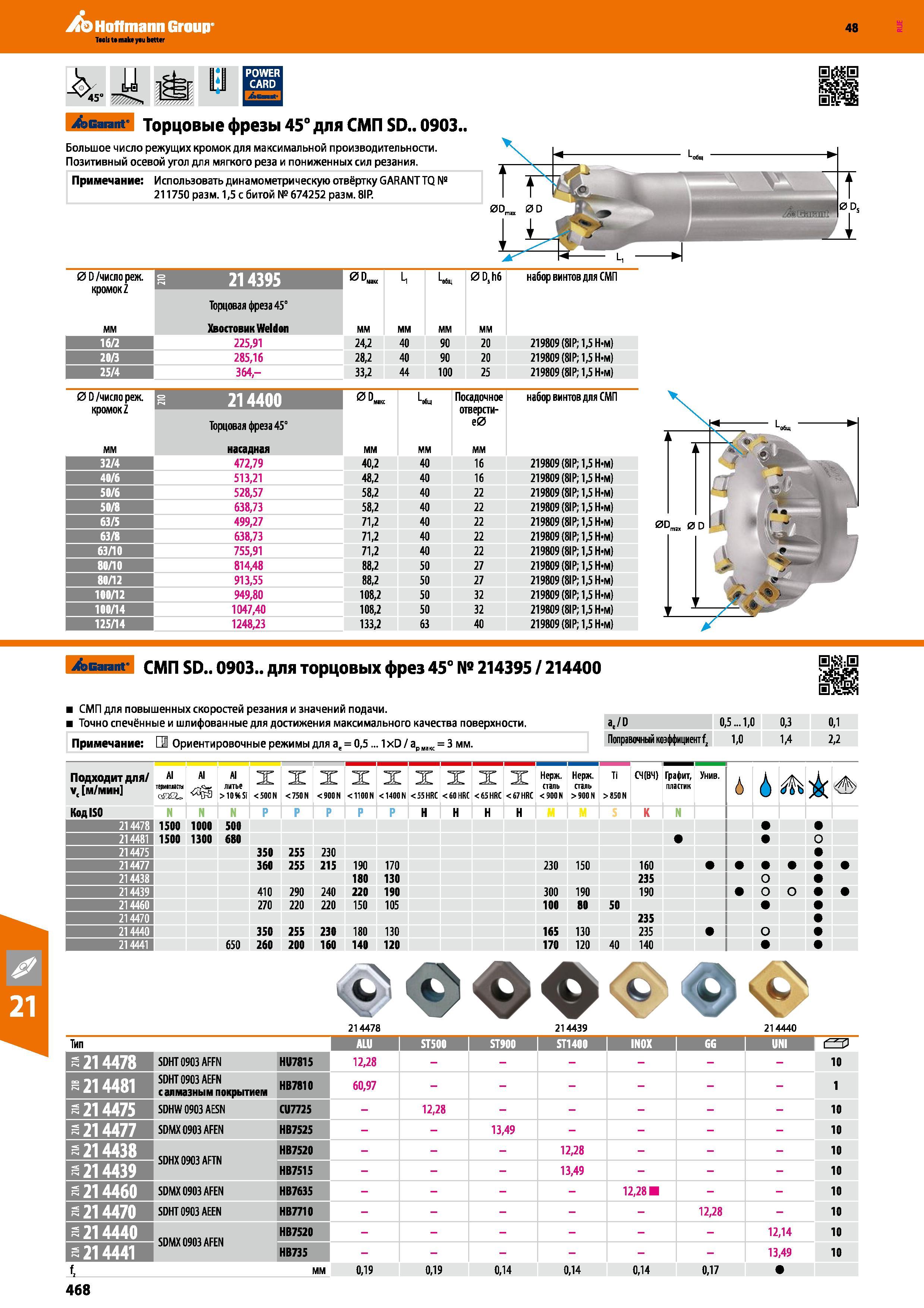 468 Hoffmann Group 48 Y ili 45° Шяъ Garant Торцовые фрезы 45° для СМП SD 0903 0D /число реж кромок2 0D„ 00 (Л J Торцовая фреза 45° насадная 0D “MIKC ММ об Каталог HOFFMANN GROUP 2017 Инструмент режущий и вспомогательный для металлорежущих промышленных станков Резцы токарные Концевые твердосплавные фрезы Зажимные патроны Стр. 468