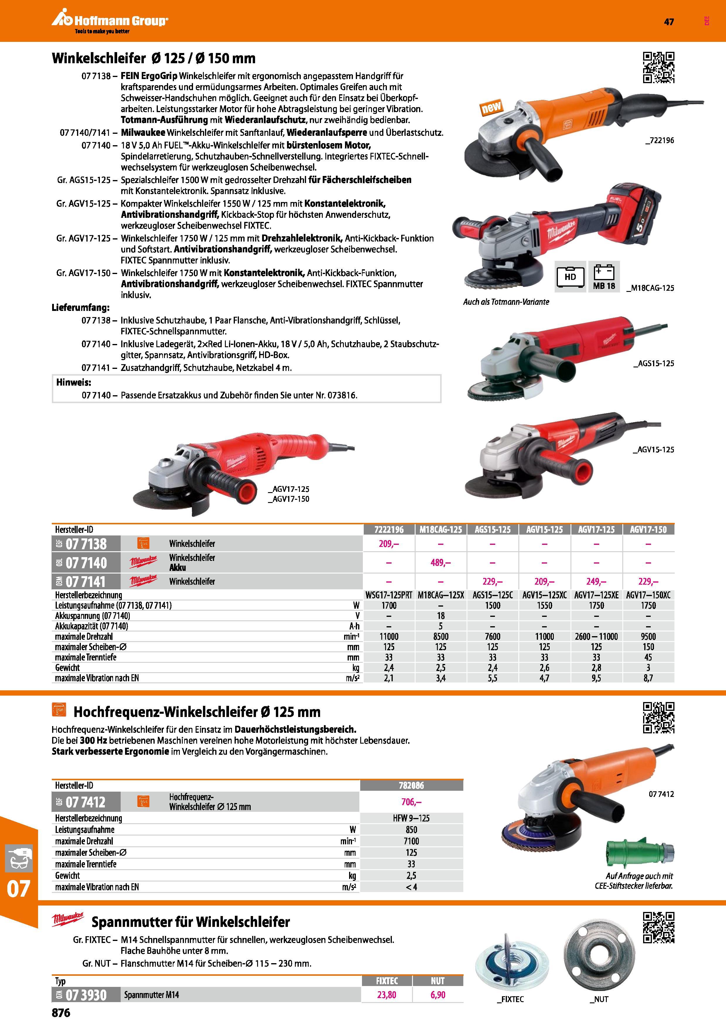876 Winkelschleifer 0125 / 0150 mm 077138- FEIN ErgoGrip Winkelschleifer mit ergonomisch angepasstem Handgriff für kraftsparendes und ermüdungsarmes Каталог HOFFMANN GROUP 2016 Ручной слесарно-монтажный и контрольно-измерительный инструмент и приборы для предприятий машиностроения и мастерских сервисного обслуживания 47 версия издания Стр. 876 DEU